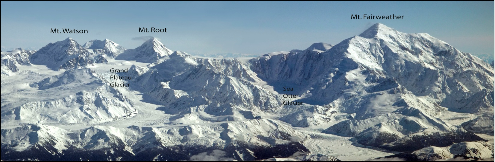Snow-capped peaks of Fairweather Range with glaciers in between