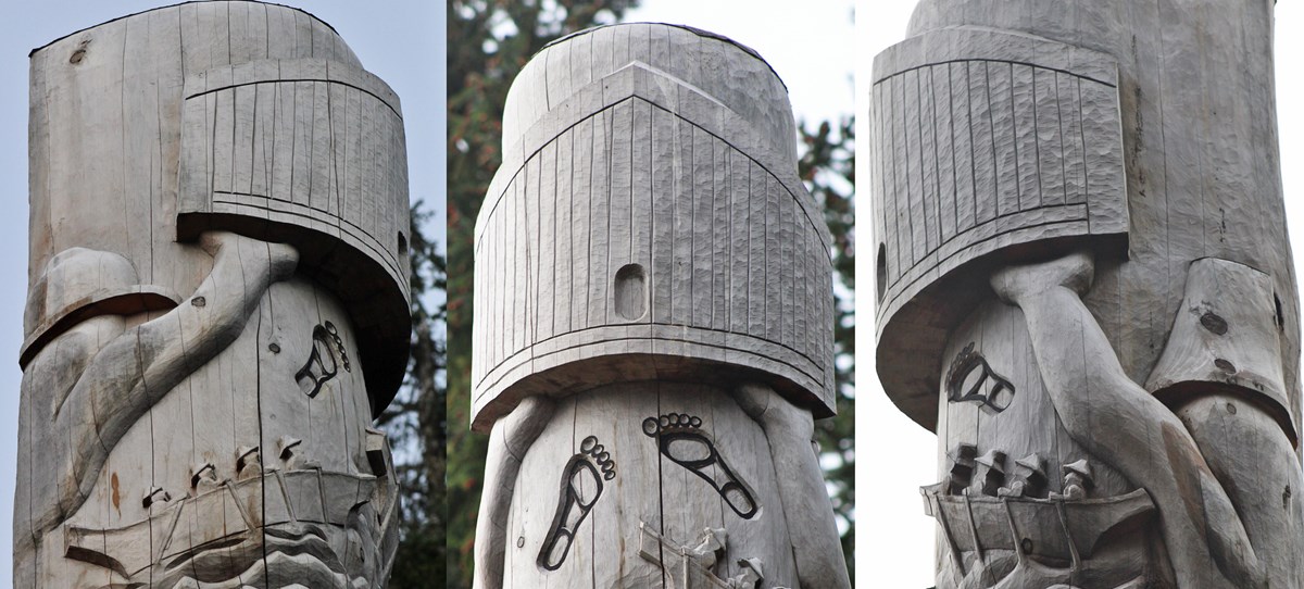 collage image showing the top of a totem pole with park ranger and Tlingit holding up a house carving