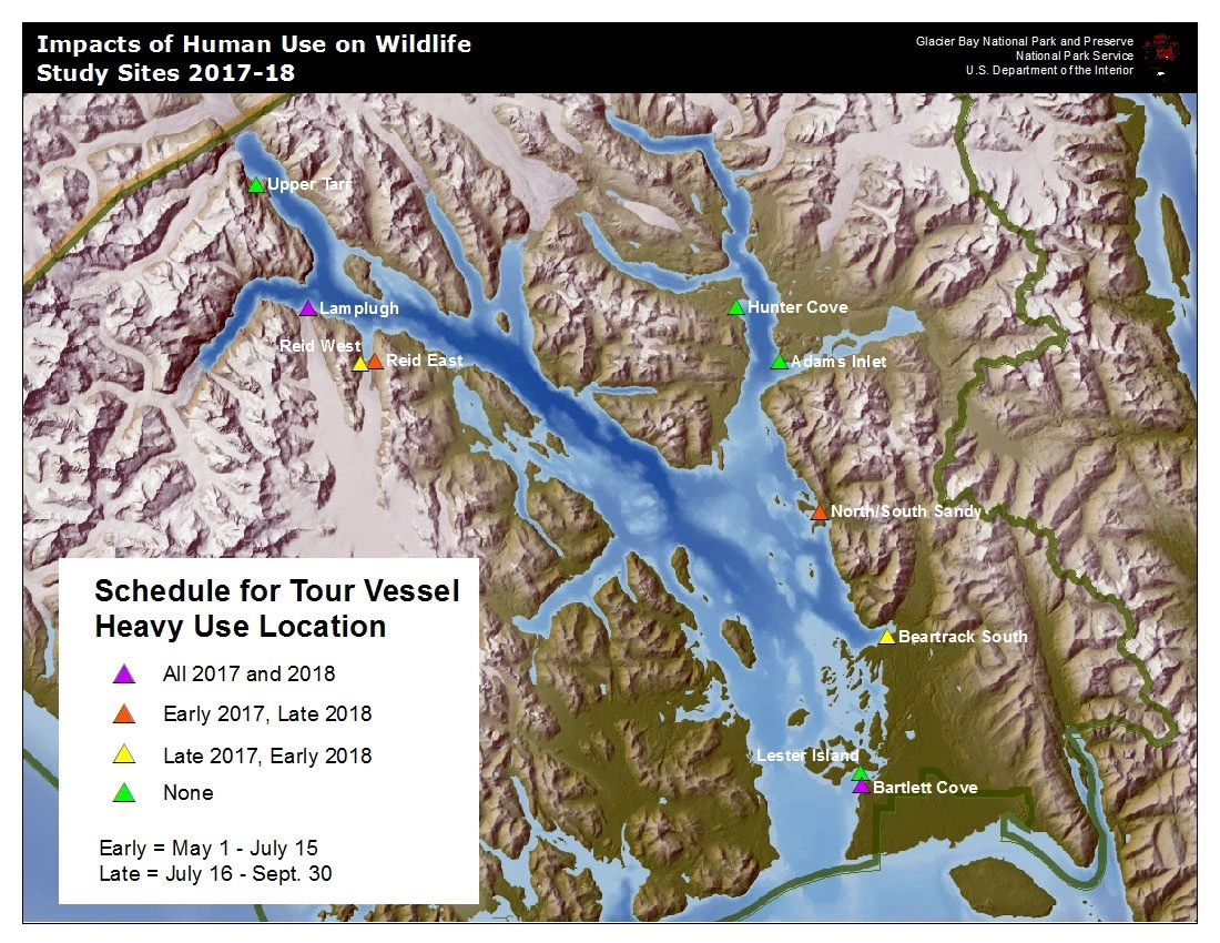 Study Sites: Impacts of Human Use on Wildlife Map showing study sites for study of impacts of human use on wildlife. Ten sites are marked on the map between 2017 and 2018.