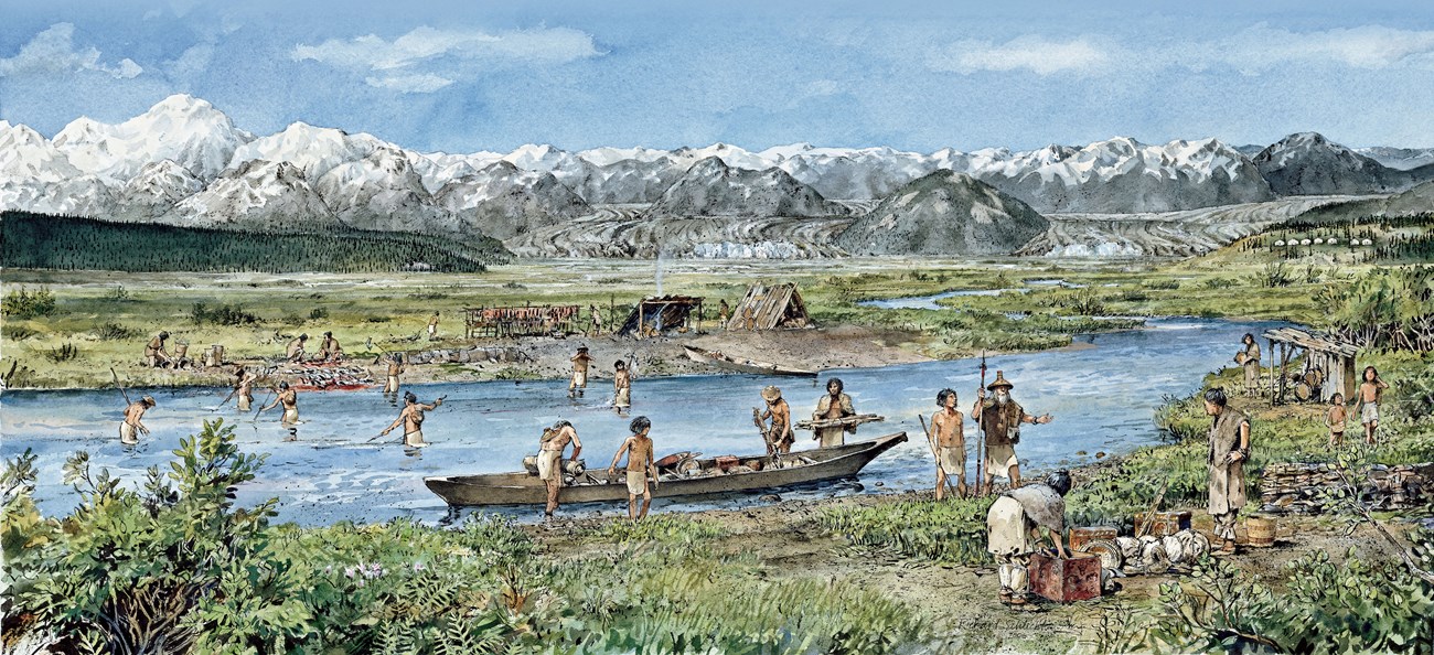 Drawing of a Tlingit Village shows people fishing and harvesting. A dugout canoe sits in a river that cuts through the village.