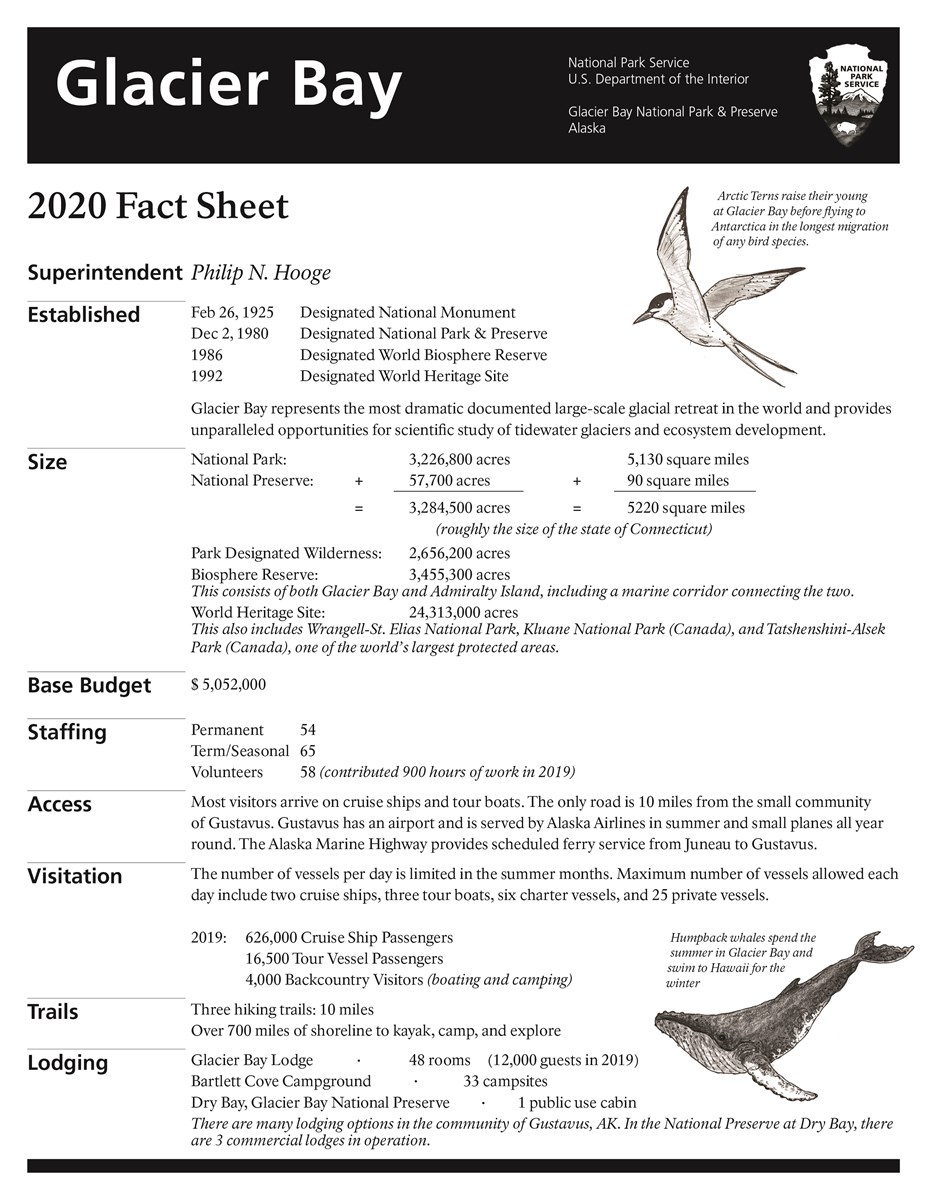 first page, glacier bay 2020 fact sheet containing park stats and details. Accessible pdf is available.