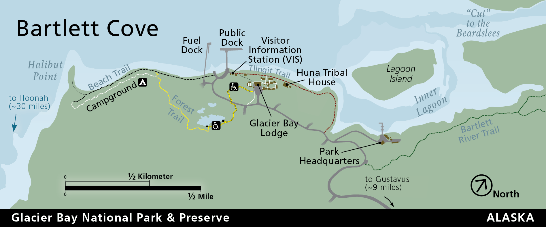 a map of Bartlett Cove Alaska showing campground on the left, hiking trail, Glacier Bay Lodge, dock area, visitor information, Huna Tribal House, and park headquarters.