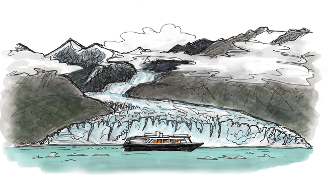 A color illustration of a glacier filling a mountain valley with a cruise ship in the middle of the scene in the water.