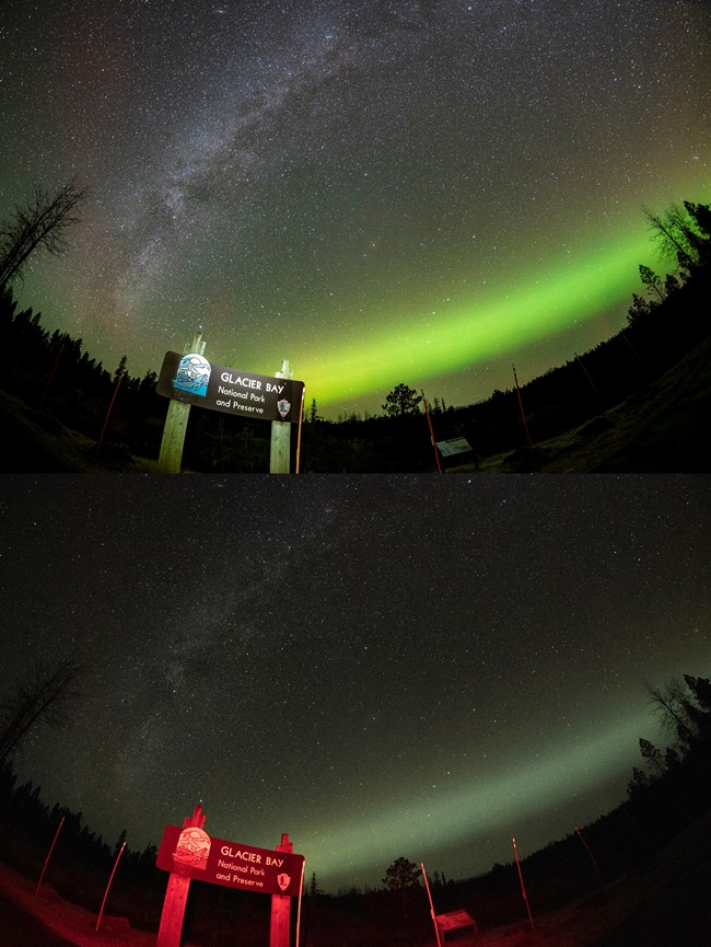 Photo collage with two images showing the Glacier Bay park sign with starry sky and aurora. In the top photo, the aurora is bright green. In the bottom, the aurora and sky if much more faint.