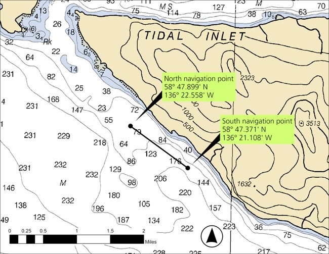 A nautical map showing two points south of Tidal Inlet in Glacier Bay. A line connects the two points for boaters to navigate between the two points. Contact the park 907-697-2230 for the exact GPS points.