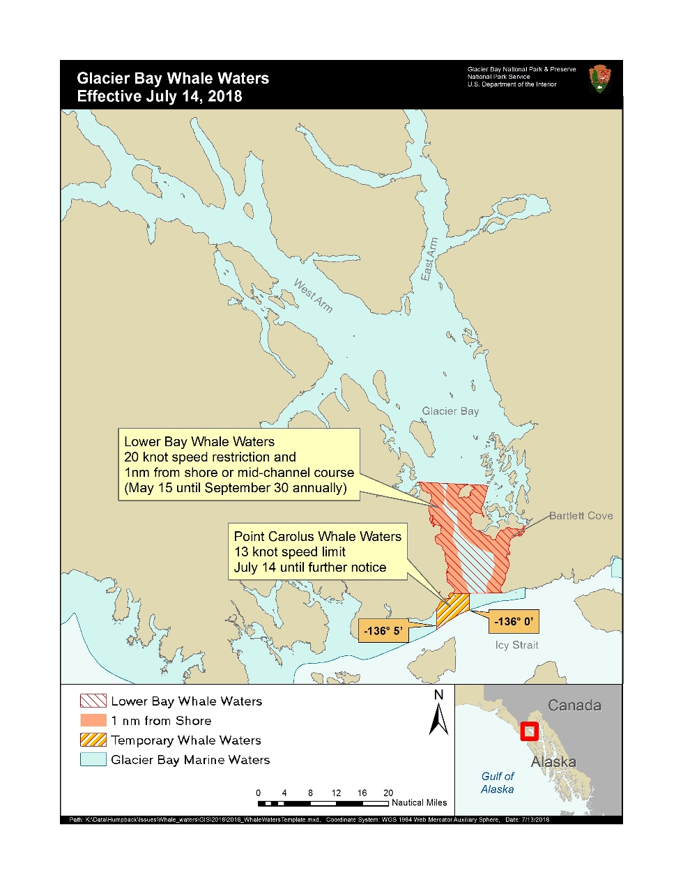 map depicting a 13 knot speed restriction around Point Carolus in Glacier Bay NP, map of whale waters for July 14 2018