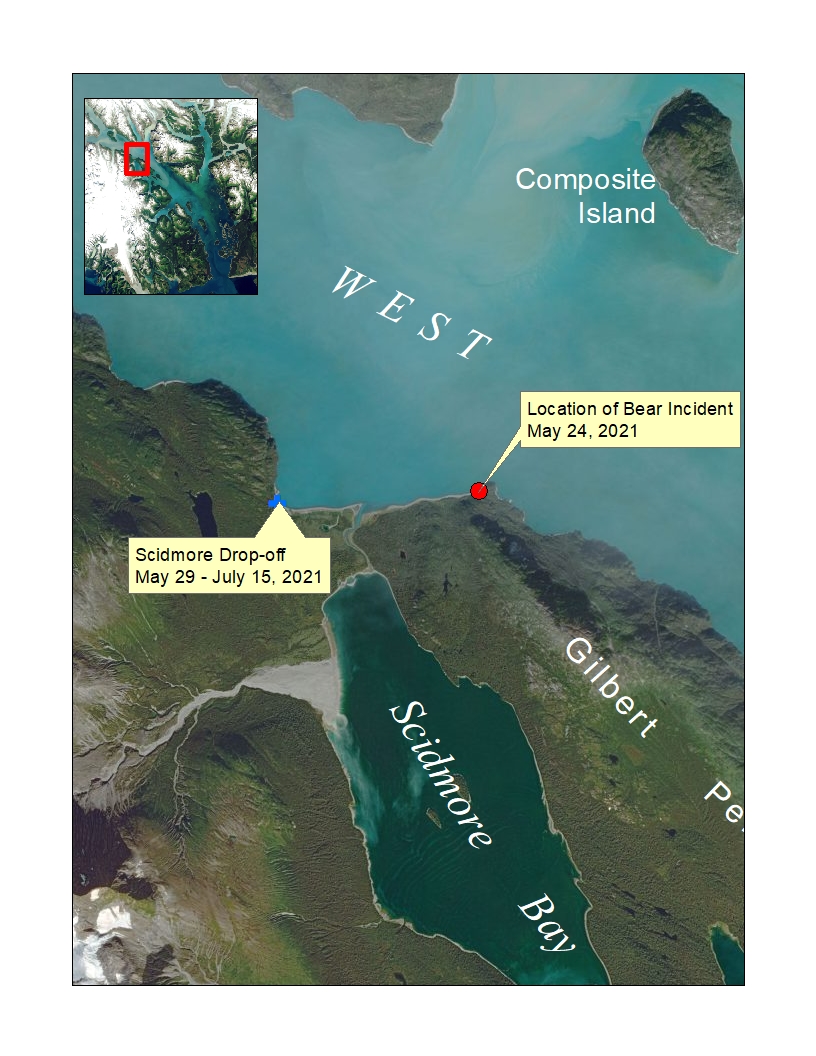 Map showing drop-off site and location of incident.