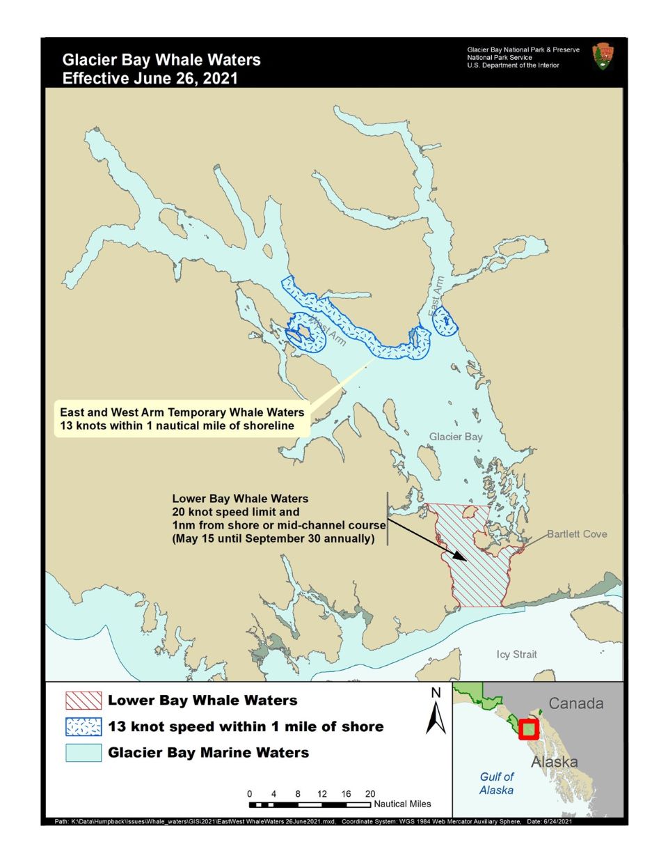 Glacier Bay map showing whale waters zones