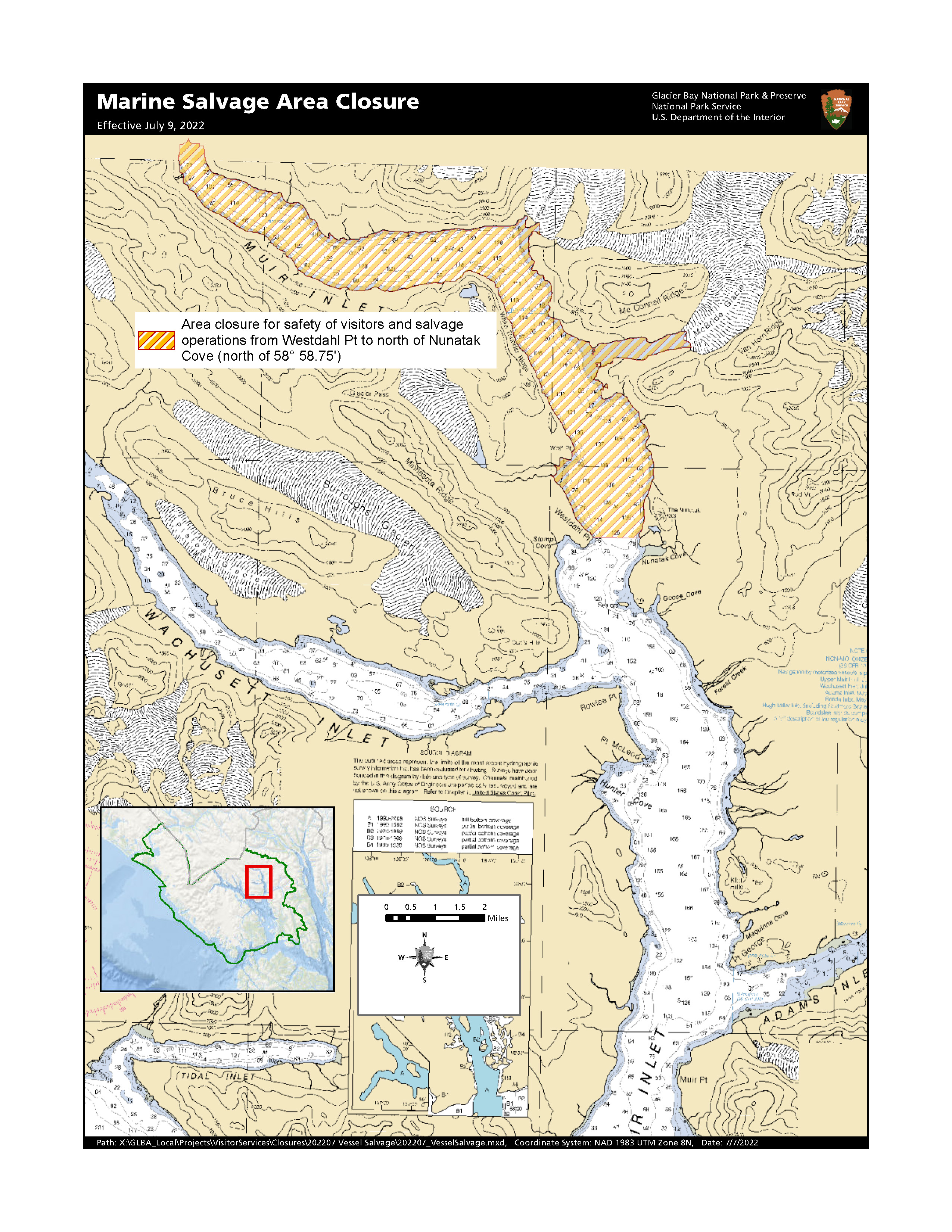 20220709_Vessel Salvage Map Map showing closed areas of Muir Inlet. Contact the Park for detailed coverage of closures.
