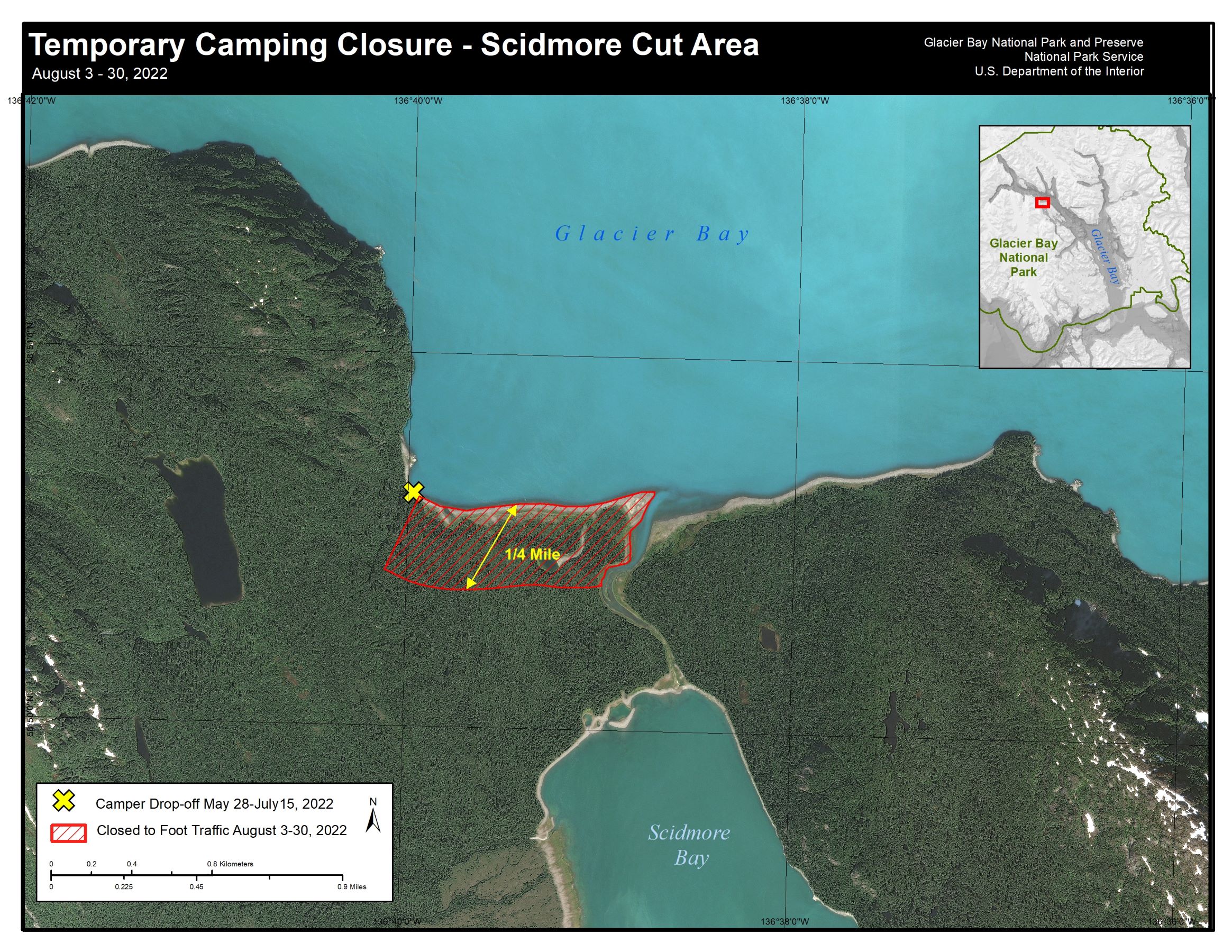 Map of the Scidmore cut area showing a bear closure. Contact the park for details 907-697-2230.
