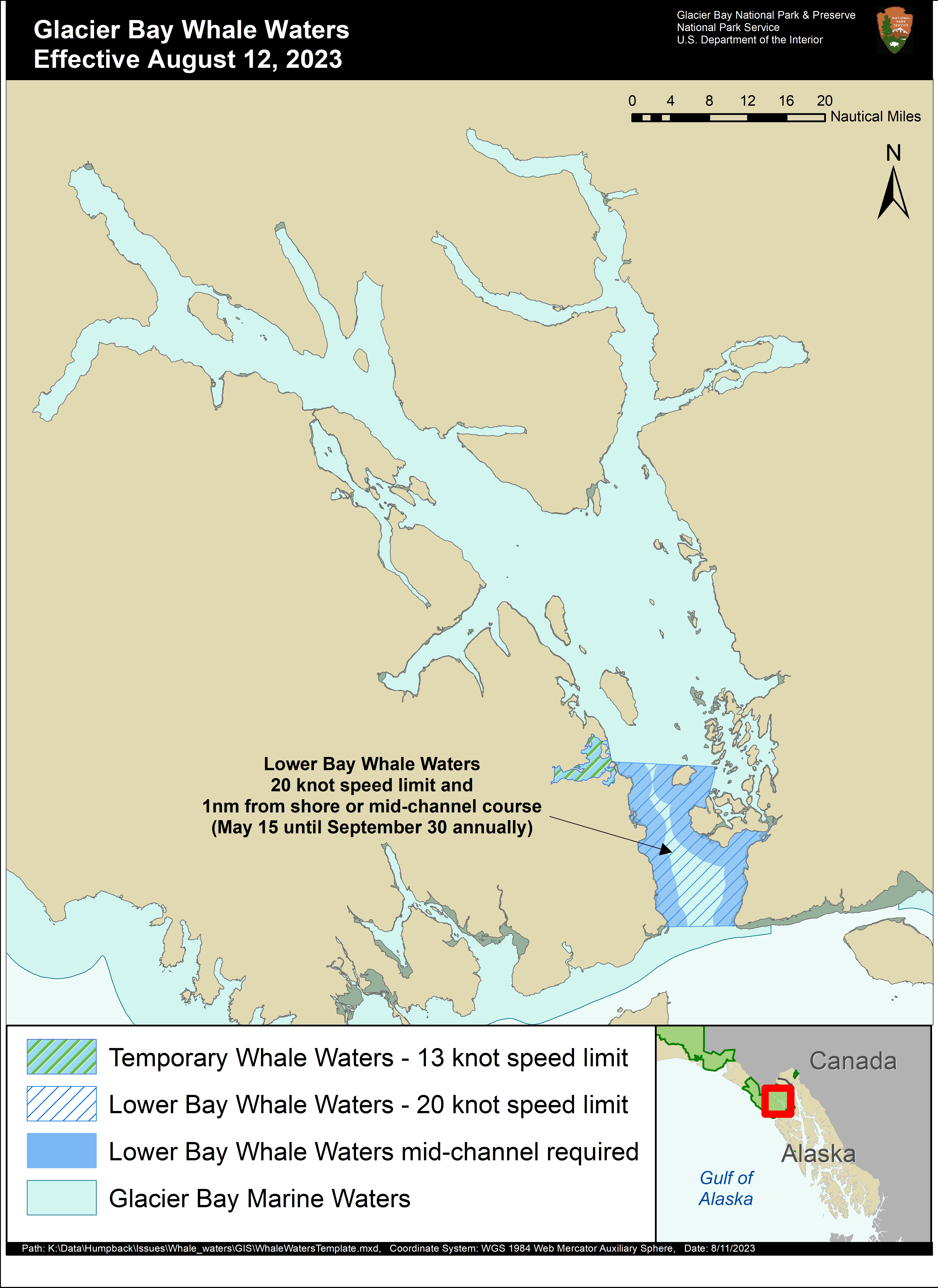 Aug 12 2023 Whale Waters Update August 12 Whale Waters map showing closures in the lower bay and western portion of the mid bay. Contact the Visitor Information Station for precise details 907-697-2627.