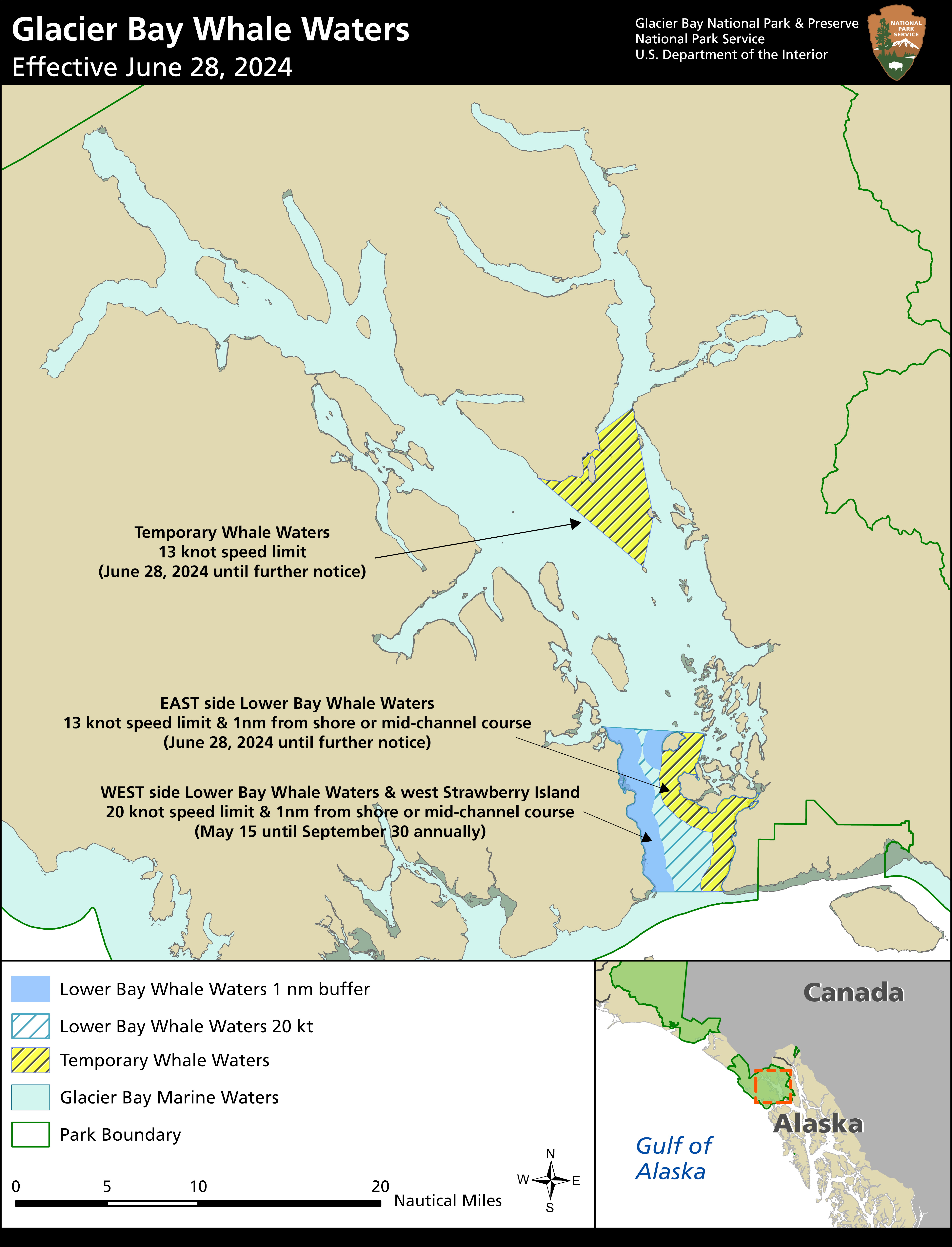 2024-06-28 whale waters map A detailed map of Glacier Bay showing restrictions in place to protect humpback whales. Contact the Visitor Information Station for precise details of this map 907-697-2627