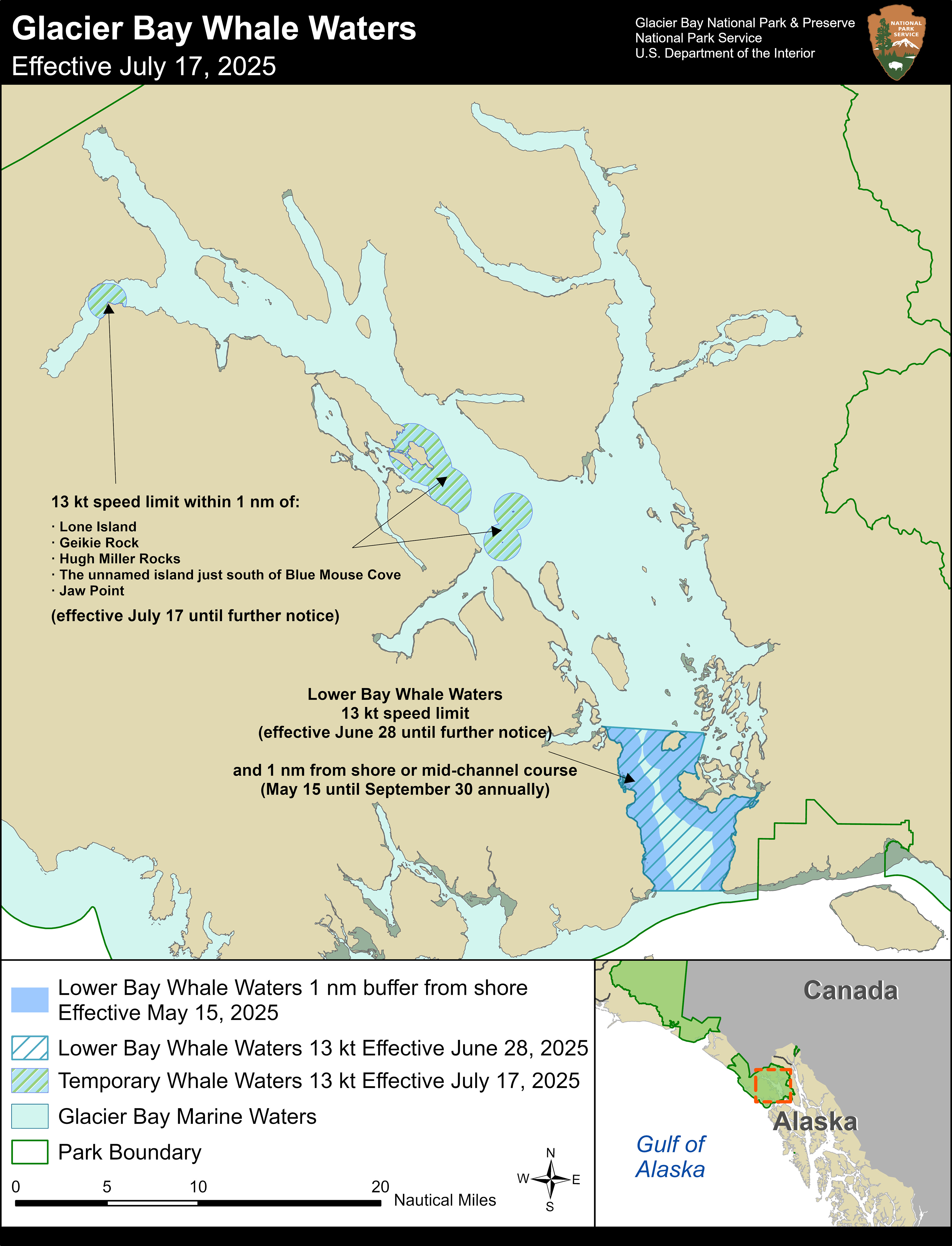July 17 2025 Whale Waters Map. An overview map of Glacier Bay showing areas under whale waters restrictions. For details contact the park at 907-697-2230