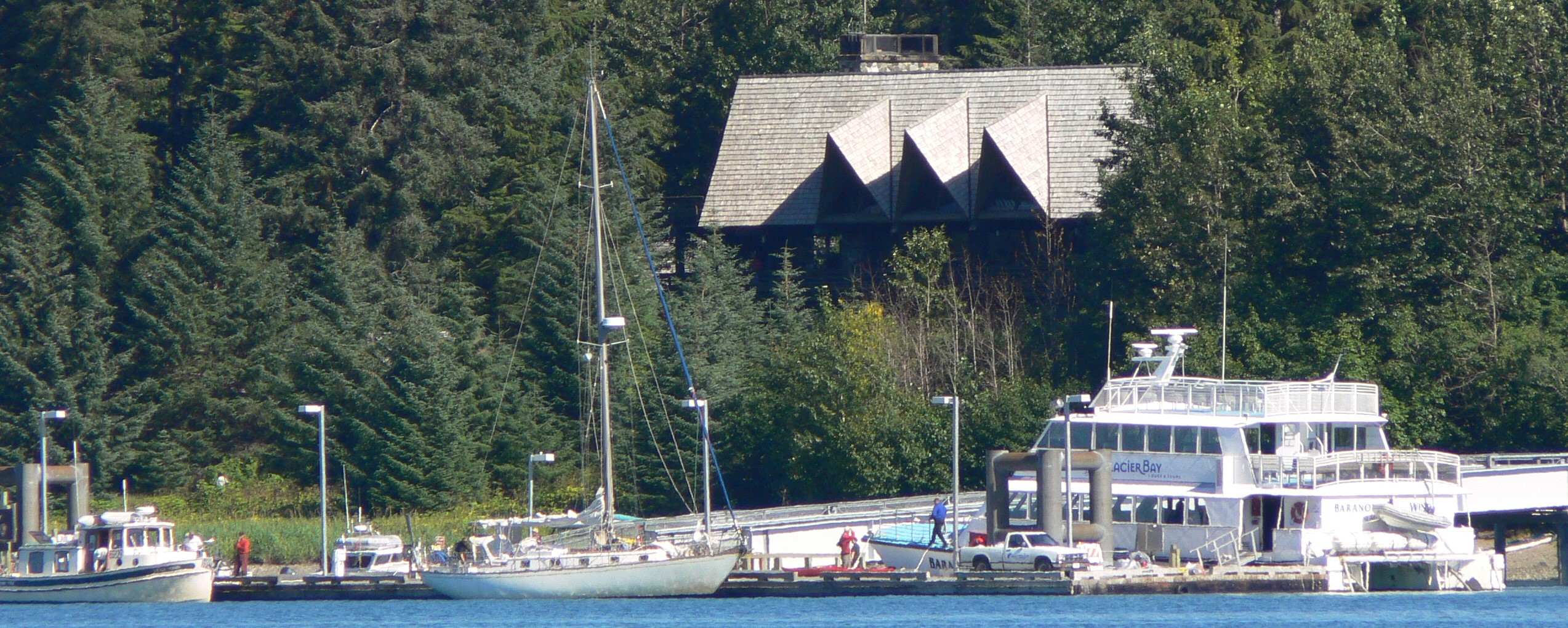 Bartlett Cove and Dock Glacier Bay Lodge surrounded by trees and the dock with boats
