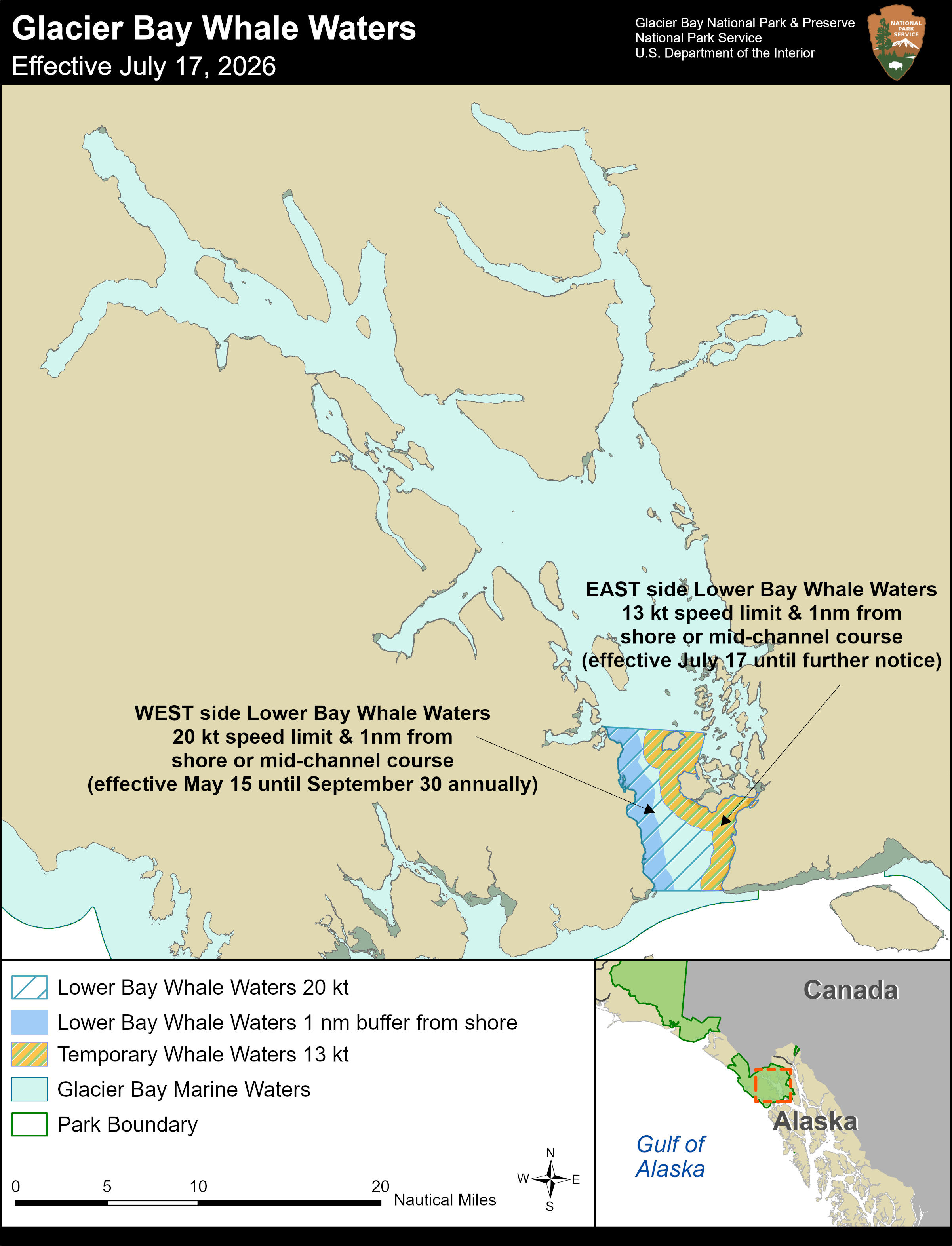 Whale Waters Restrictions Map effective July 17 2026. Contact the park at 907-697-2230 for precise details of this map or read the news release for these restrictions