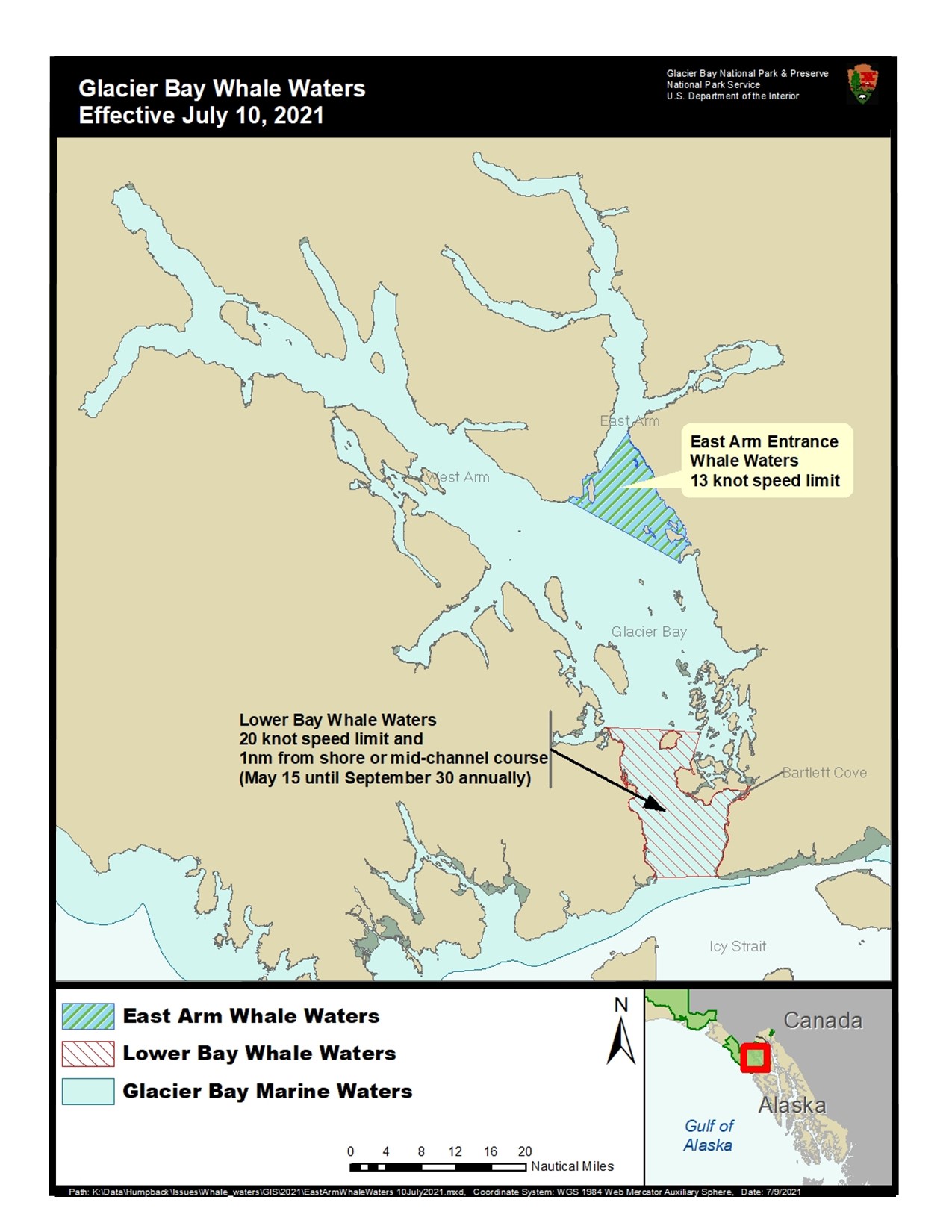 Map of Glacier Bay showing whale waters