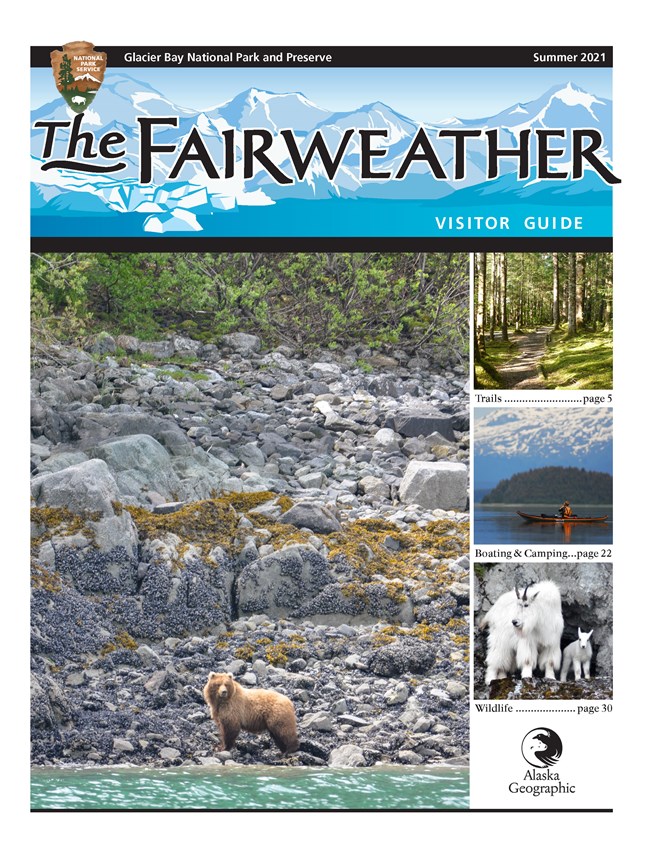 Fairweather visitor guide front page image showing scenic photo of glacier bay and several scenes that visitors may experience