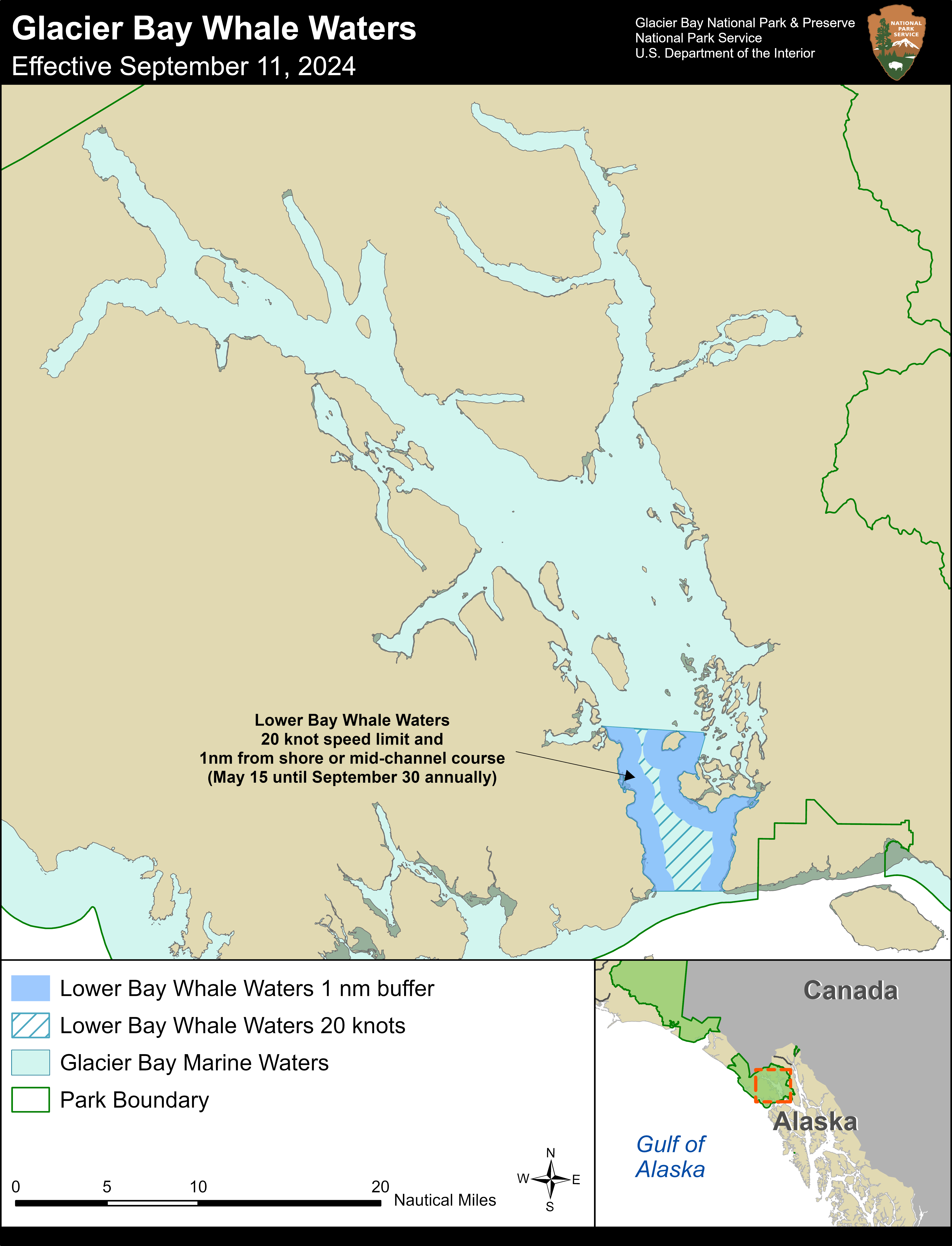 Sept 11 2024 Map of Whale Waters A simple map of Glacier Bay with whale waters restrictions areas highlighted. For full details of this map contact the park at 907-697-2230.