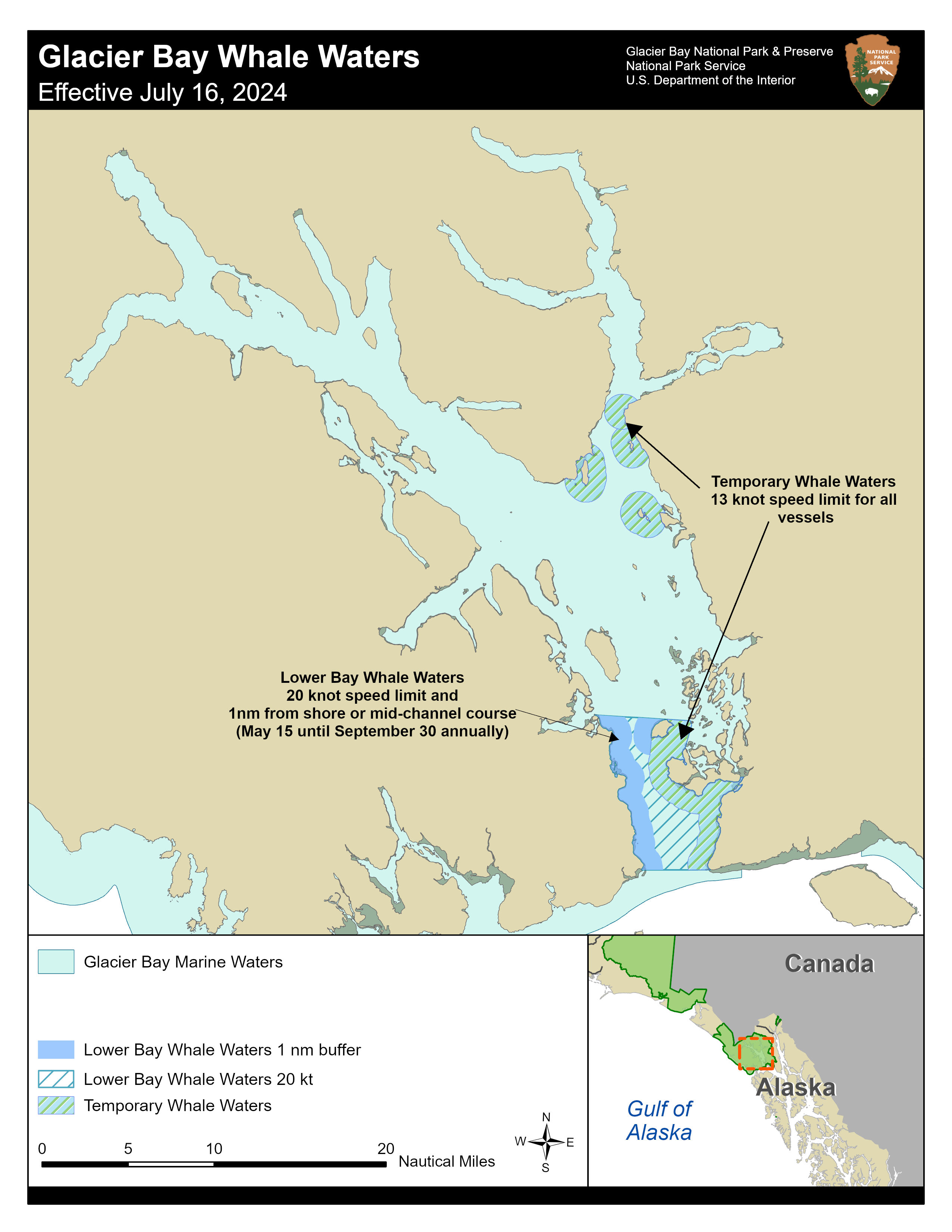 Whale Waters Map July 16 2024 Map of affected whale waters areas in glacier bay where speed limits have been implemented to protect whales. Contact the park for precise details of this map 907-697-2230