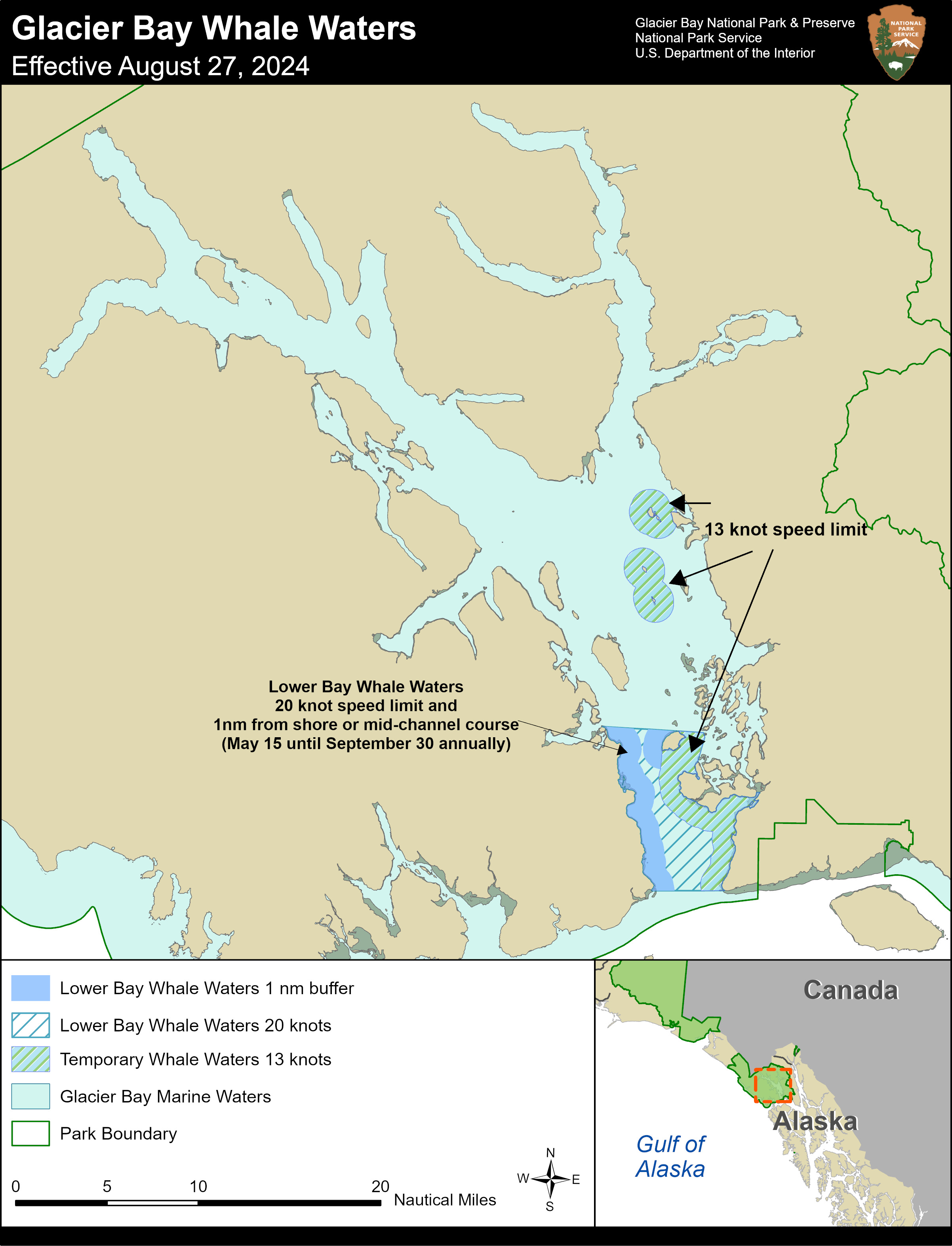 Whale Waters Map Aug 27 2024 A simple map of Glacier Bay with whale waters restrictions areas highlighted. For full details of this map contact the park at 907-697-2230.