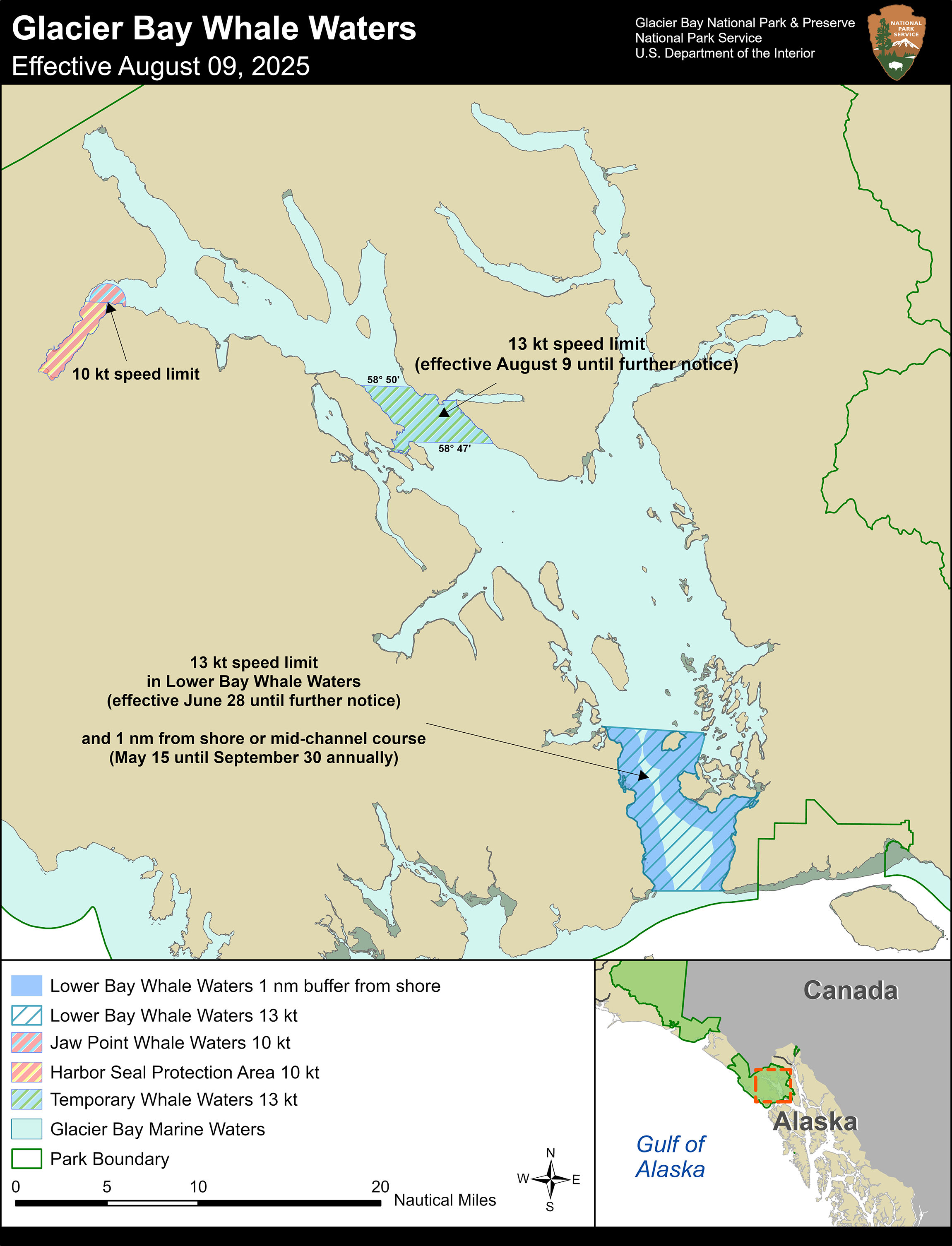 Whale Waters Aug 9, 2025 Annotated map of Glacier Bay whale waters as of August 9. For precise details of this map, contact the park at 907-697-2230