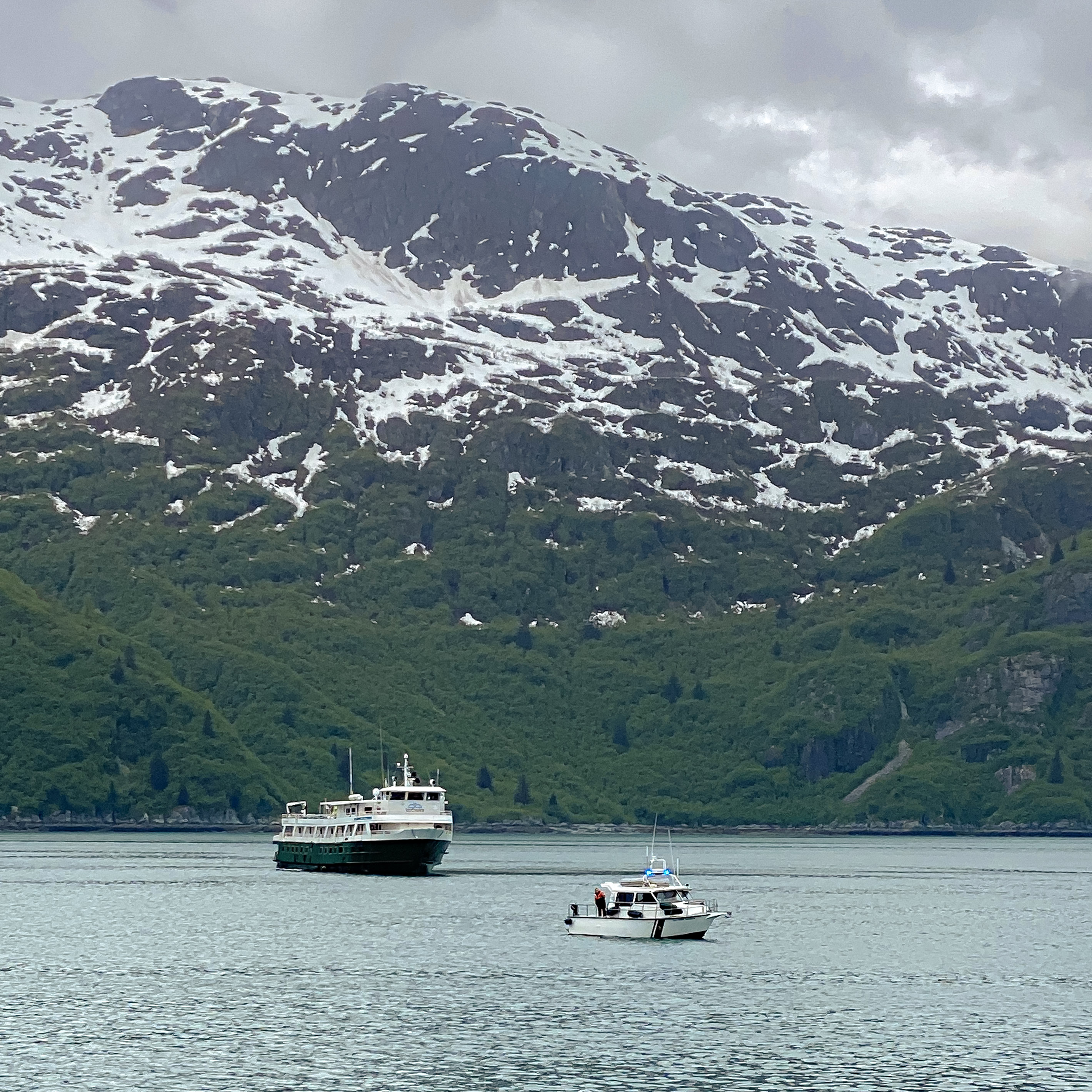 WAV Evacuation A tour vessel and smaller vessel with a treed mountain behind them in Glacier Bay.