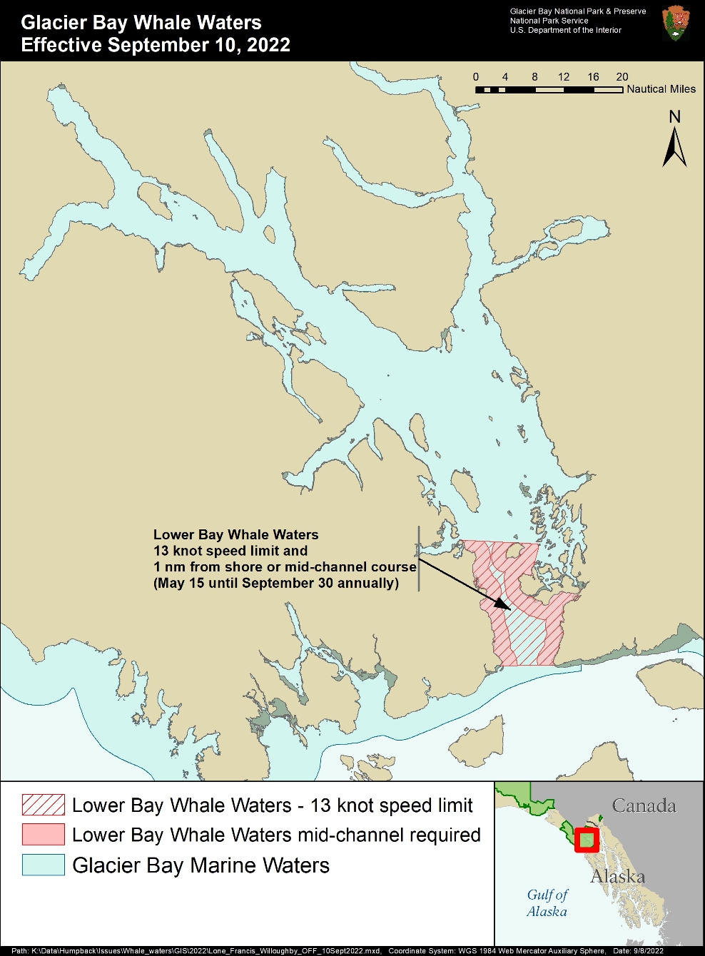 Whale waters map shows glacier bay and affected areas. Contact the park for precise details 907-697-2230