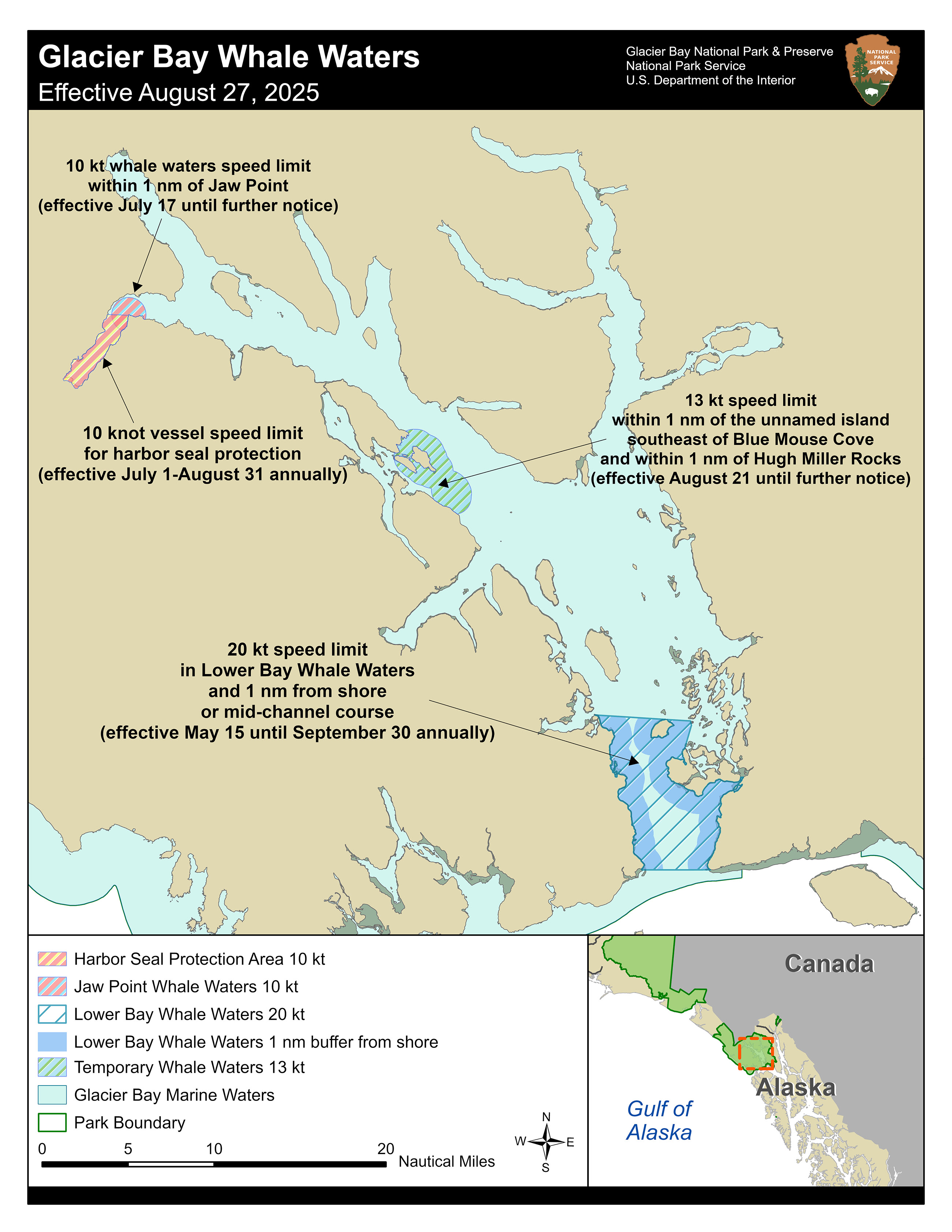 Whale Waters Map Aug 27 2025 A map of Glacier Bay showing whale waters regulations and areas affected along with stipulations. Contact the park for precise details of this map 907-697-2230