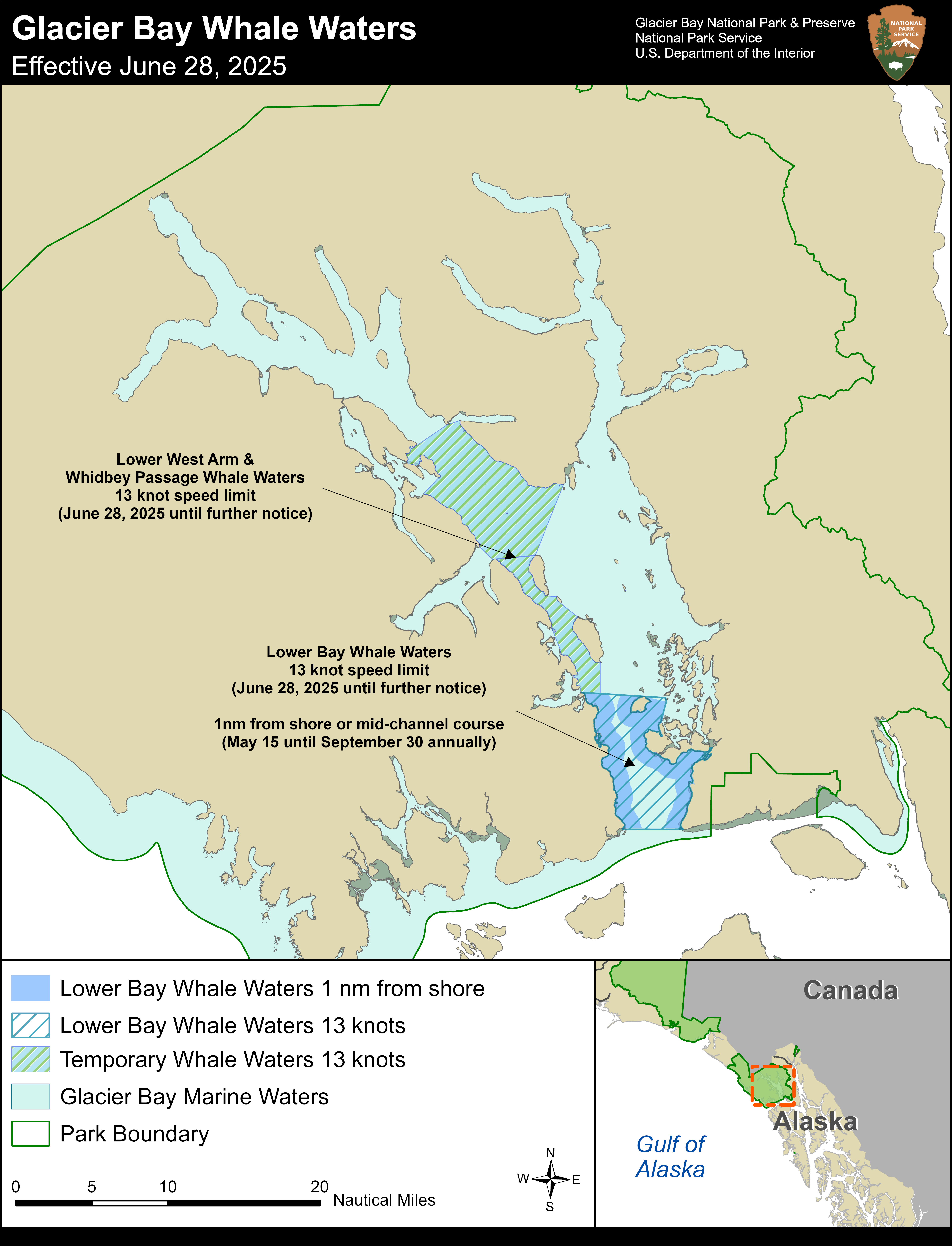 A detailed map to whale waters regulations in Glacier Bay in effect June 28, 2025. Contact the park at 907-697-2230 for precise details of this map.