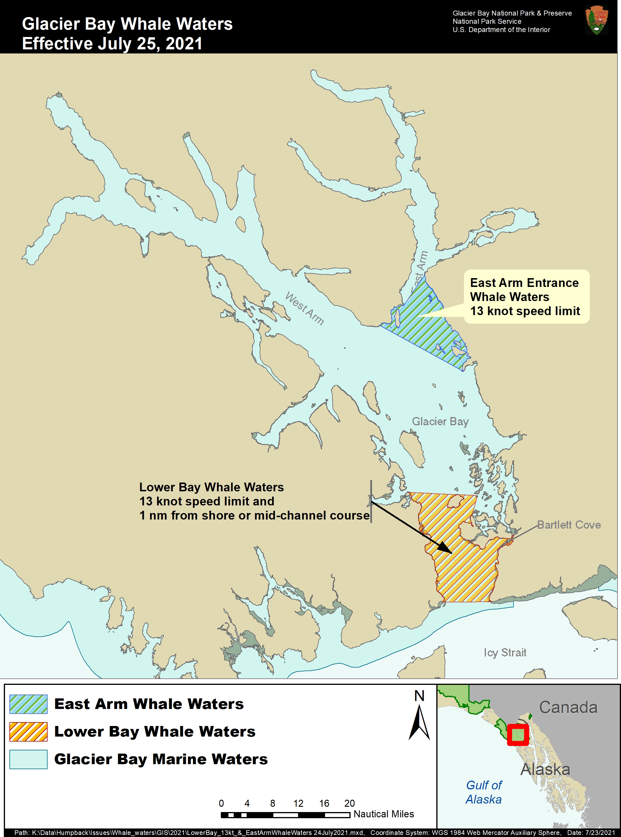 Map of Glacier Bay showing whale waters effective July 26, 2021 Map of Glacier Bay showing whale waters effective July 26, 2021