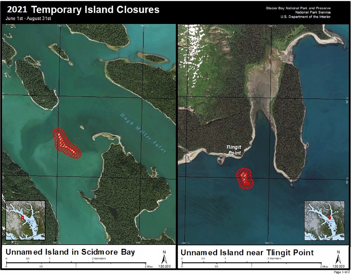 Temp Island Closures Map 1 of 2 Unnamed islands in Scidmore Bay and near Tlingit Point