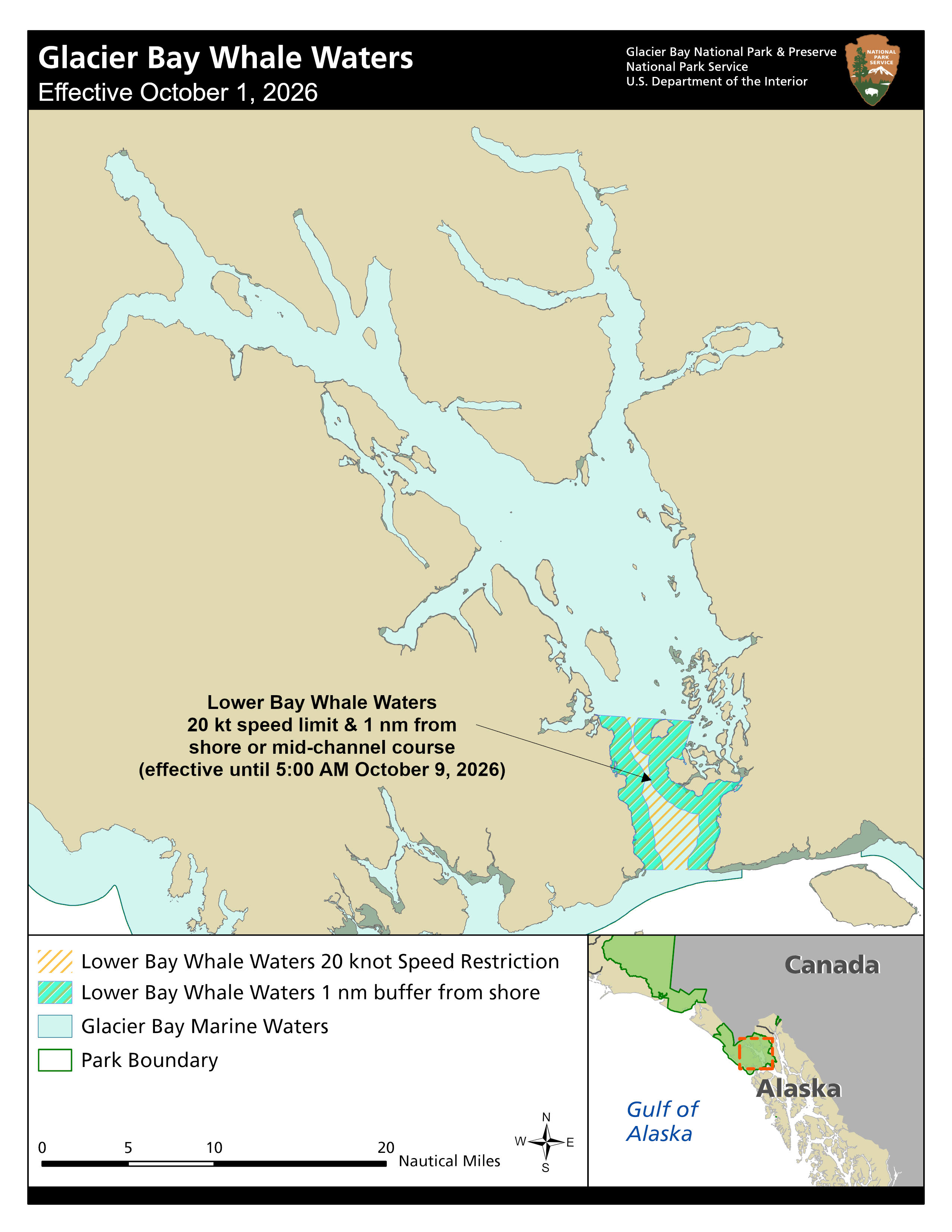 Map of whale waters areas in Glacier Bay National Park. For precise details contact the park at 907-697-2230