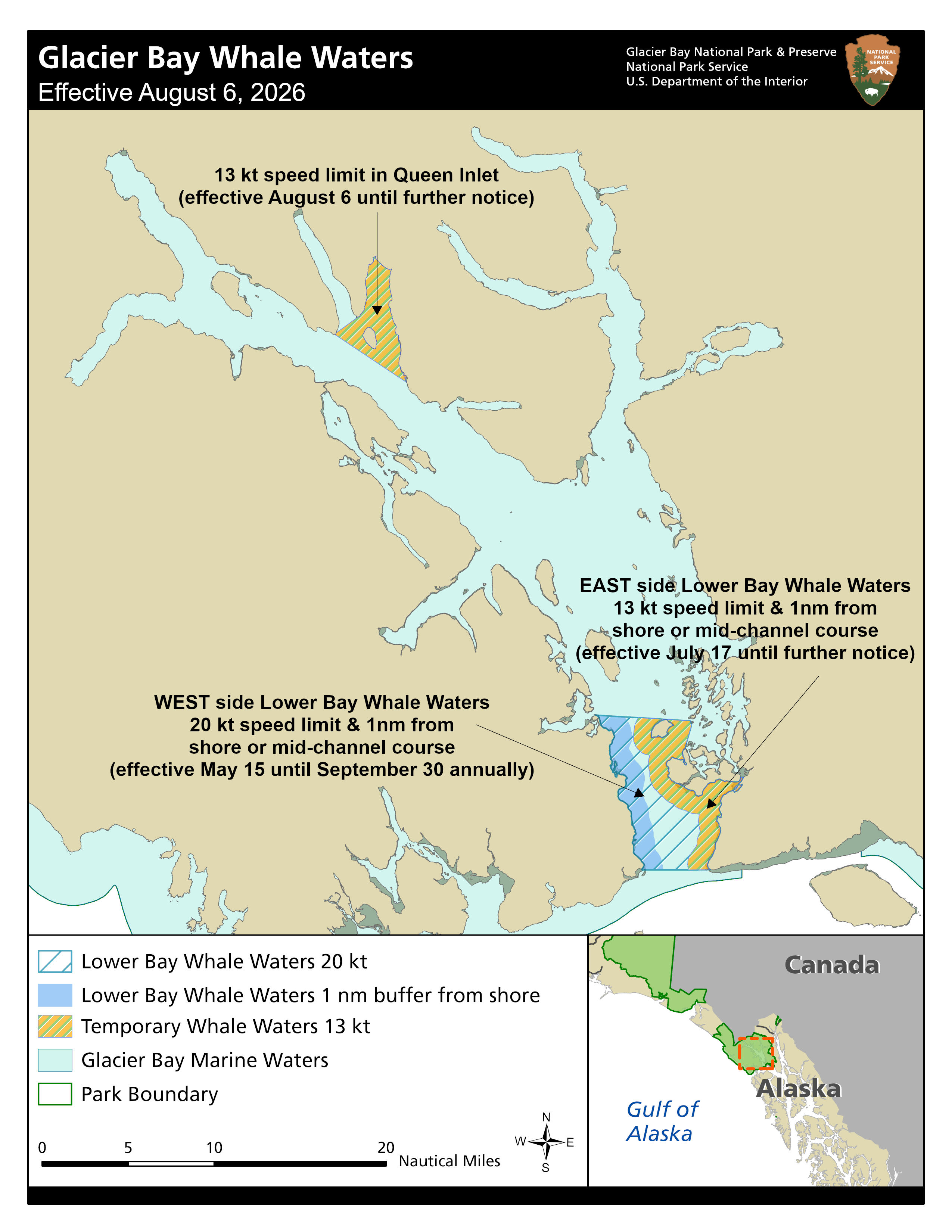 A map depicting whale waters restrictions in Glacier Bay. Contact the Visitor Information Station for precise details 907-697-2230