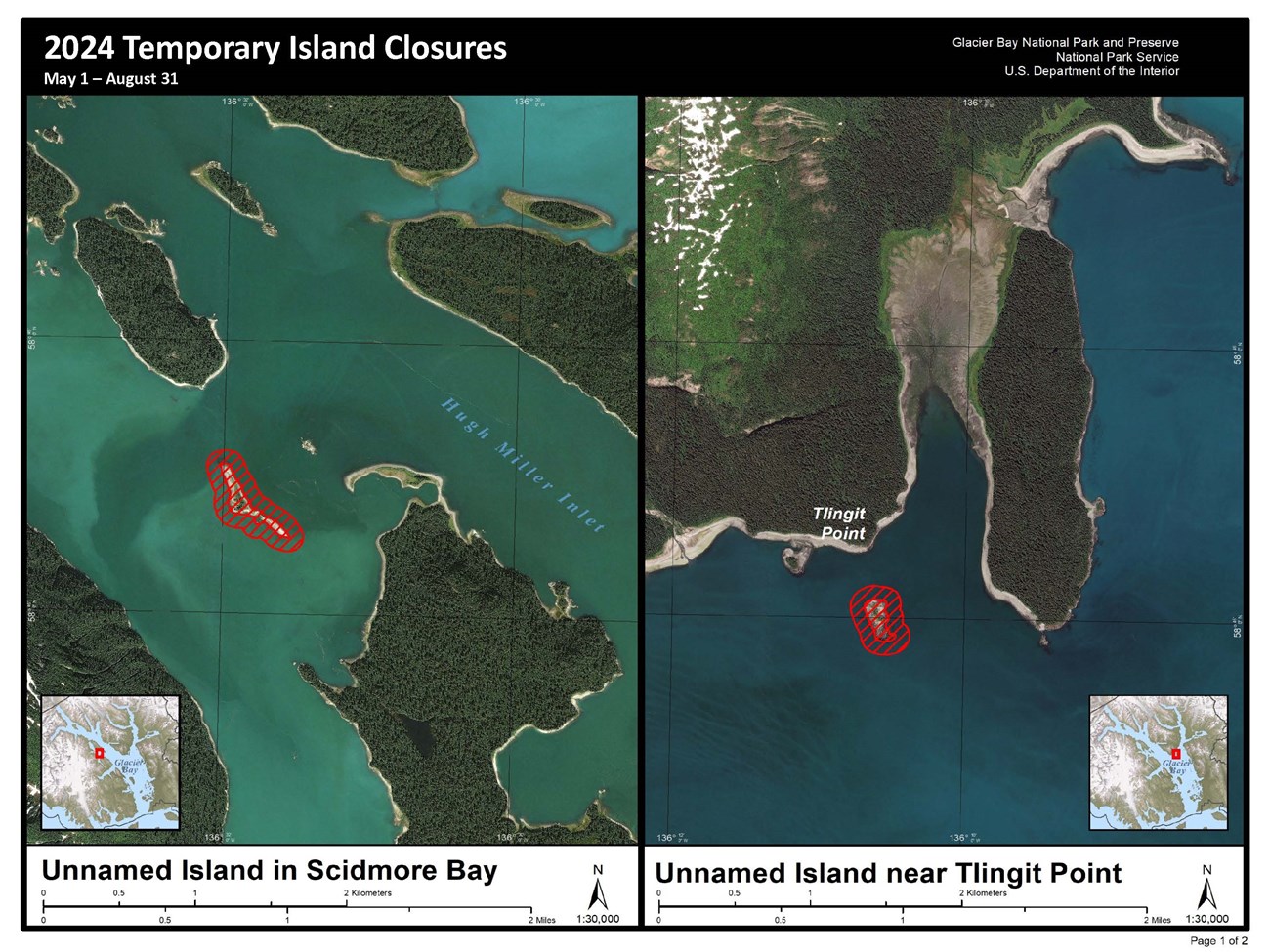 Map showing 2024 temporary island closures at two unnamed islands in Scidmore Bay and near Tlingit Point. Contact the park for details- 907-697-2230