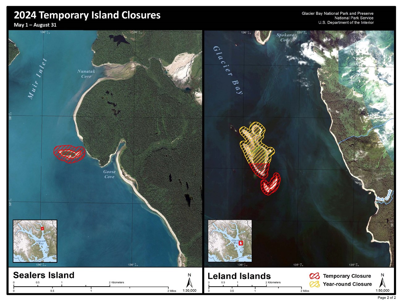 Map showing 2024 temporary island closures at Sealers Island and Leland Islands. Contact the park for details- 907-697-2230