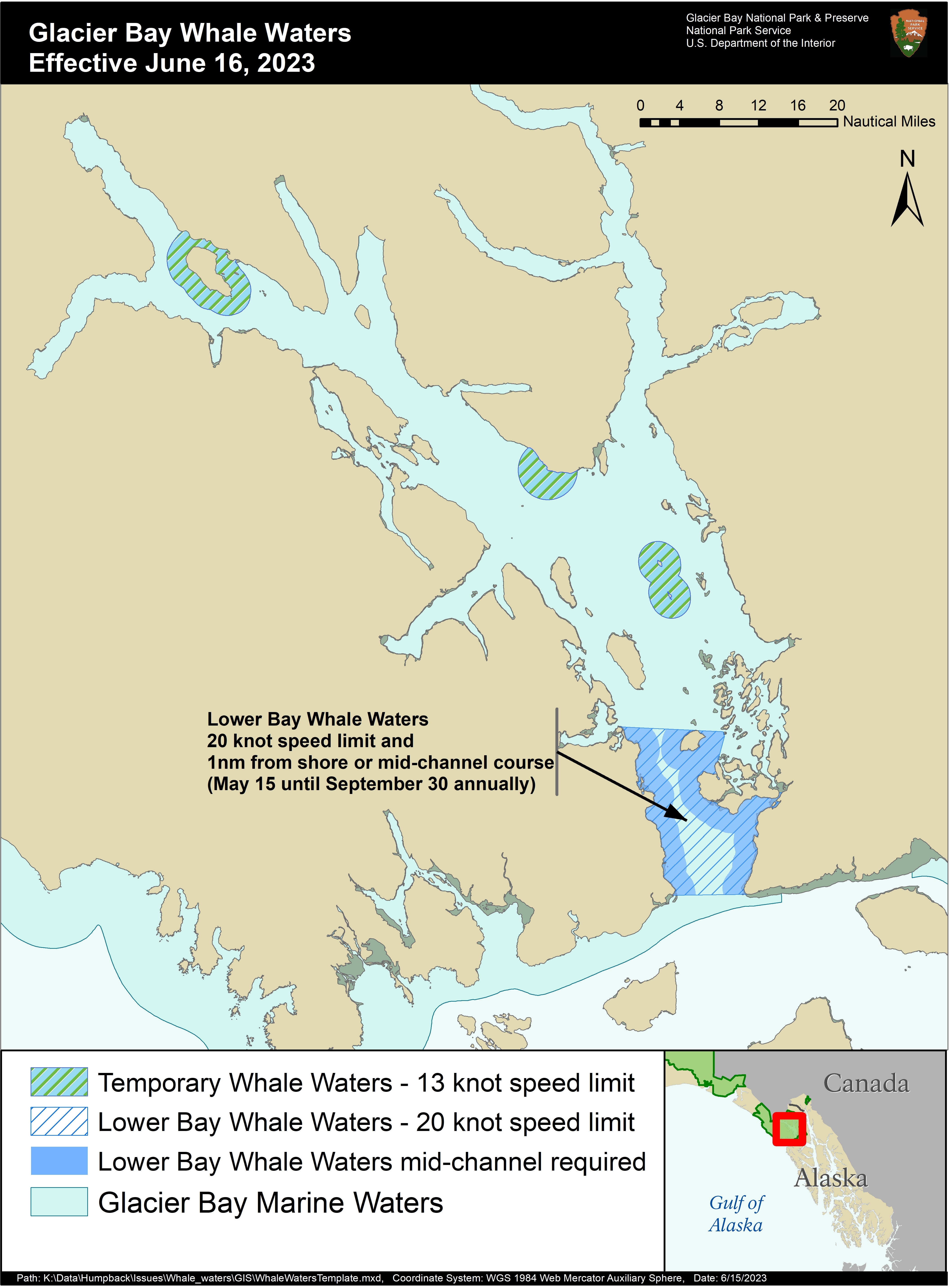 Whale Waters Restrictions Map in Glacier Bay- contact the park at 907-697-2230 for precise details of this map.