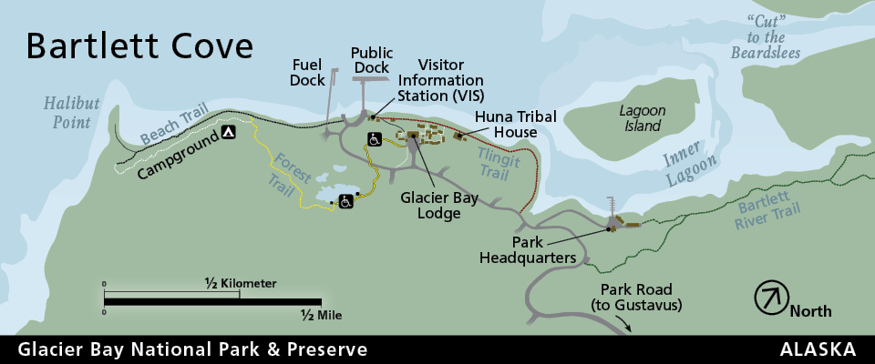 Bartlett Cove map showing trails and roads and facilities