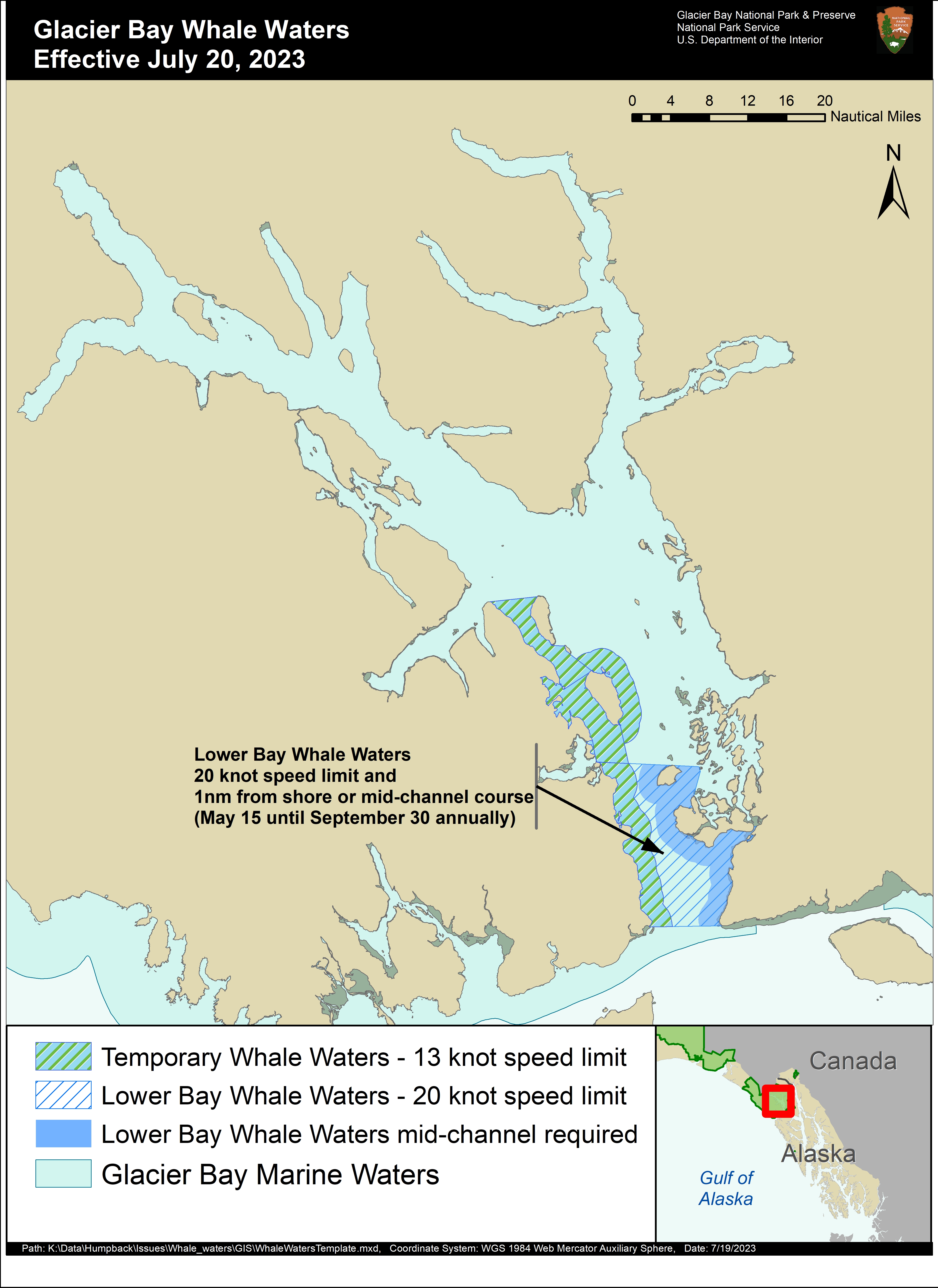 Whale waters map, update for July 20, 2023 covering Whidbey Passage, west side of Lower Bay, and more. Contact the Visitor Information Station at 907-697-2627 for complete details.