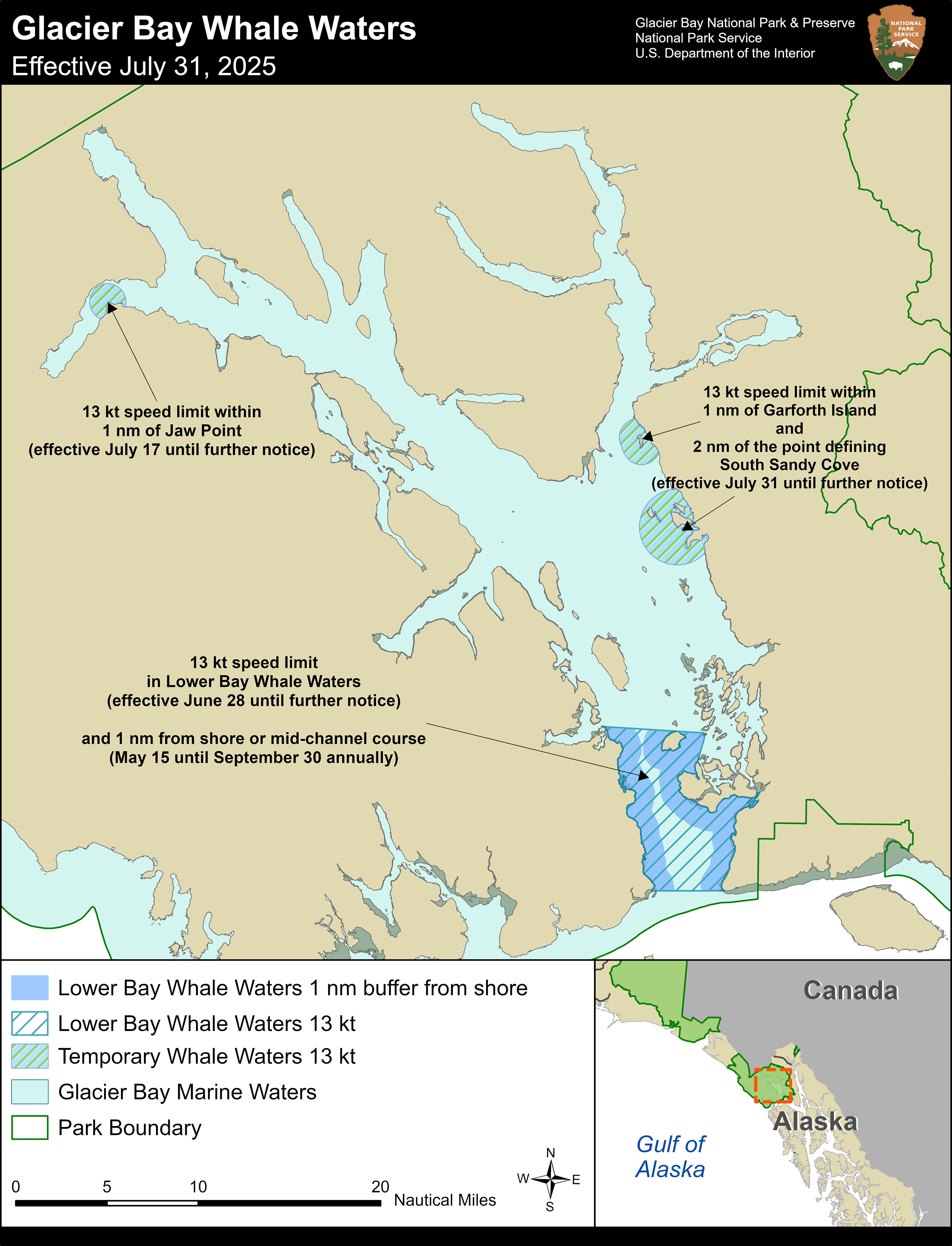 A descriptive map of whale waters designated in Glacier Bay National Park. For precise details, contact the park, 907-697-2230