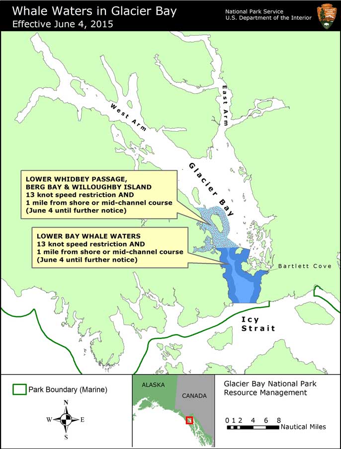 Whale waters map for Glacier Bay, effective June 6, 2015