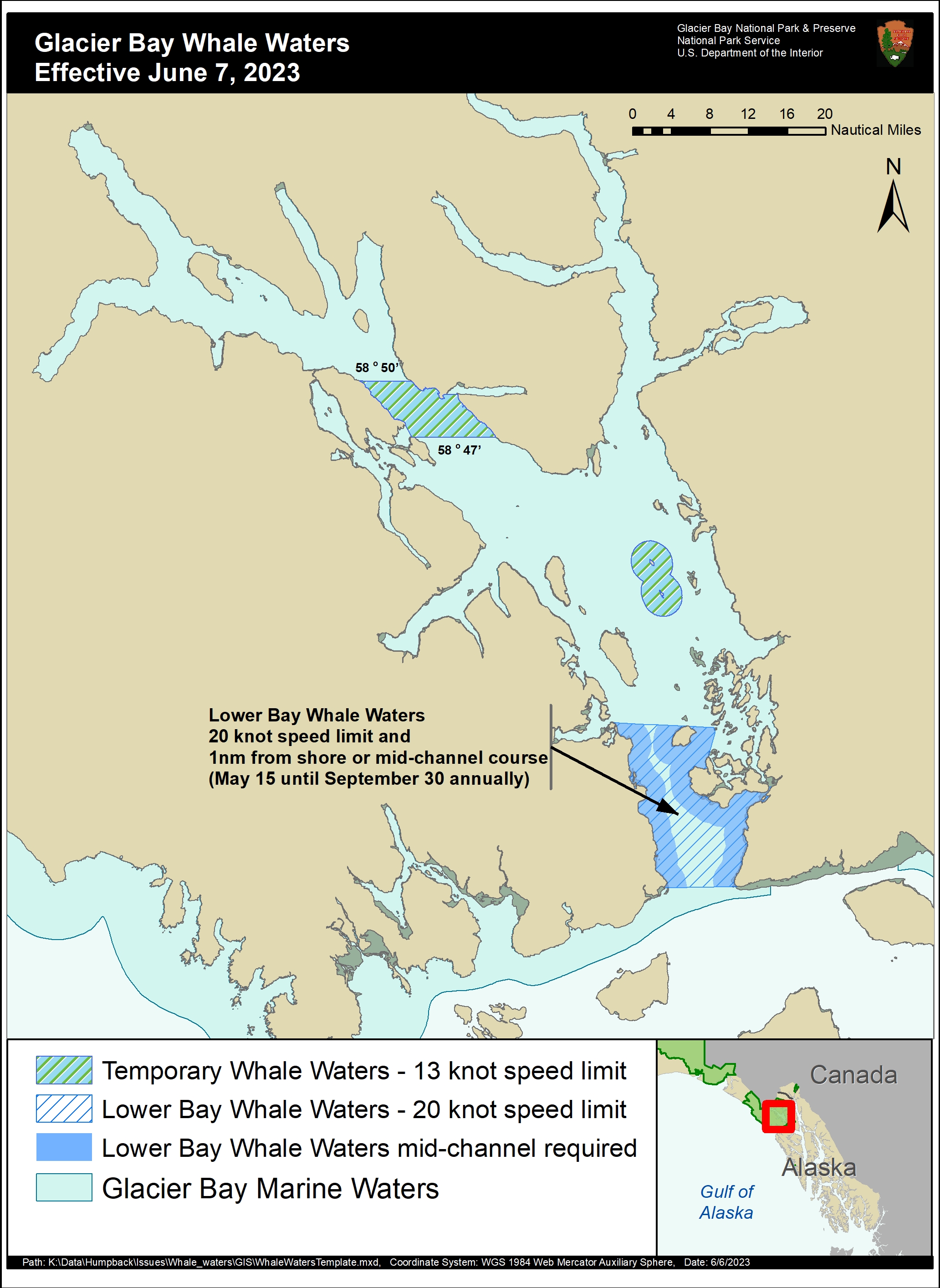 Whale Waters June 7 2023 Whale Waters Restrictions Map in Glacier Bay- contact the park at 907-697-2230 for precise details of this map.