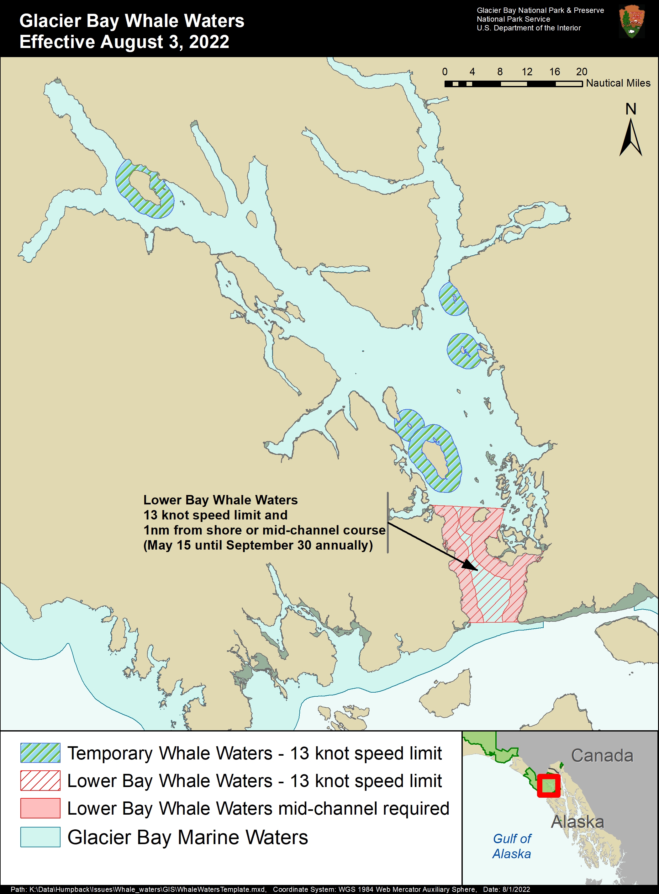 whale waters map for August 3, 2022. Contact the park for precise details of this map 907-697-2230