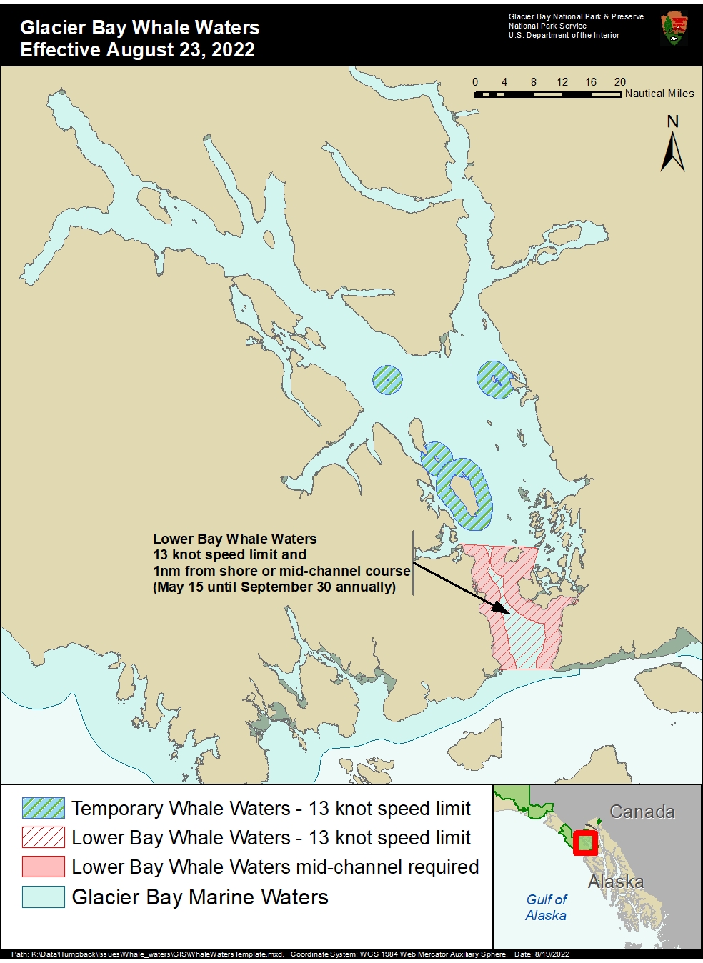Whale Waters 8-23 Map of Glacier Bay with closed whale waters areas highlighted. Contact the park for precise details 907-697-2230