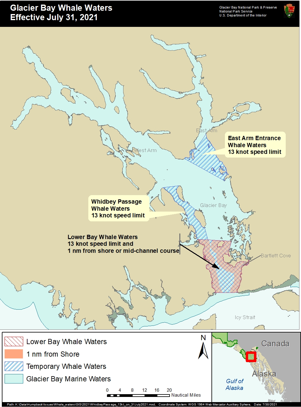 Map of whale waters areas in Glacier Bay