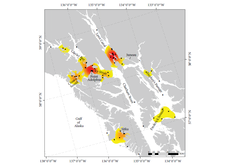 whale collision heat map a map of southeast alaska overlaid with a heat map of likely whale collision hot spots.