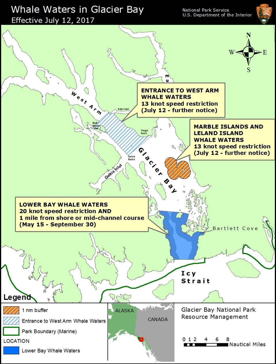 Whale Waters Update for Glacier Bay Effective July 12, 2017 map of whale waters in Glacier Bay July 12, 2017