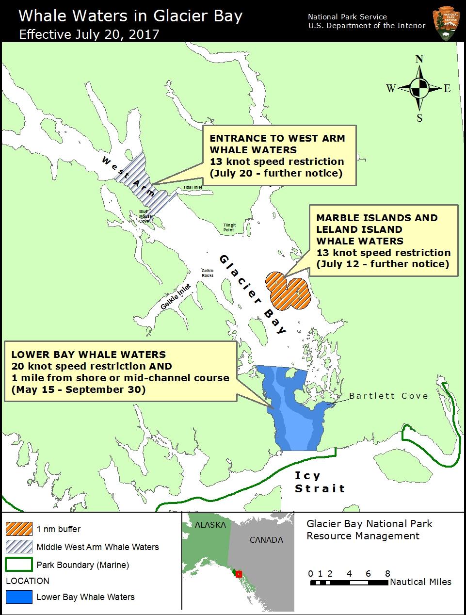 Map of Glacier Bay Whale Waters July 20, 2017