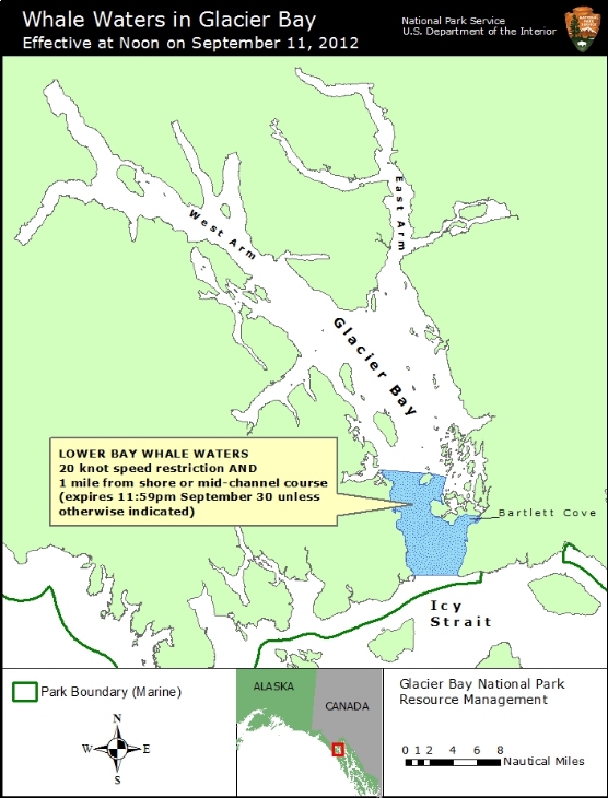 Map showing whale waters update for Glacier Bay effective September 11, 2012