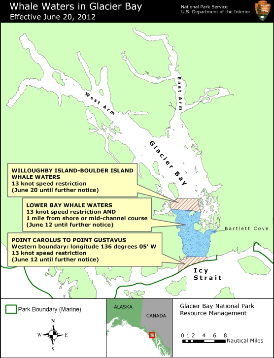 Map showing whale waters update for Glacier Bay effective June 20, 2012