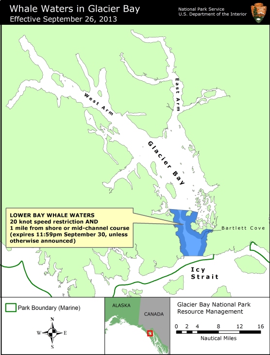 Map showing whale waters update for Glacier Bay effective September 26, 2013